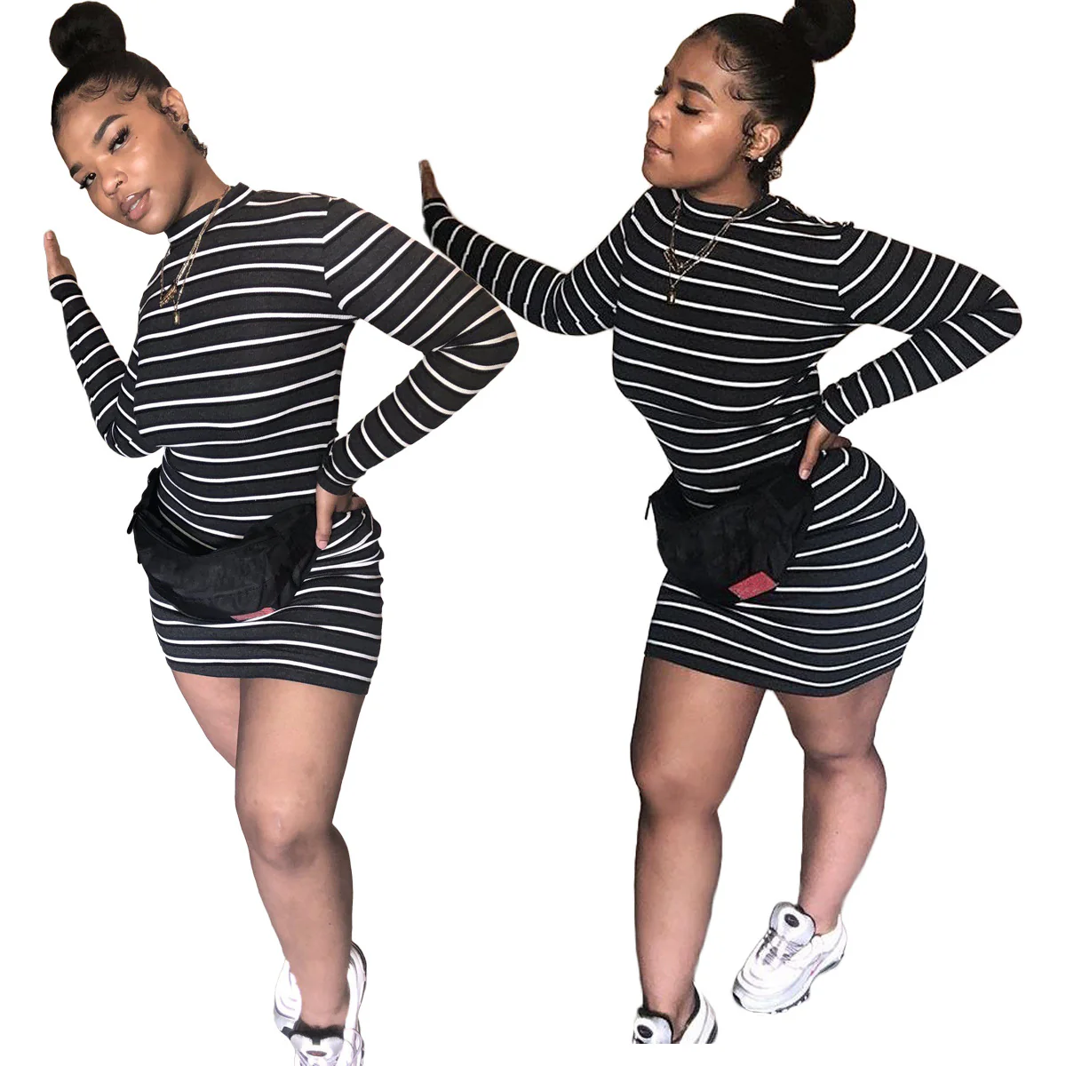 Women Clothing Striped Long Sleeve Short Dress - AZJHJ
