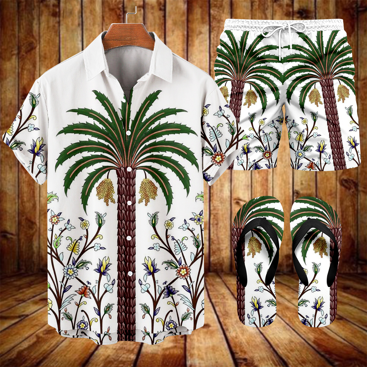 Suitmens Men's Hawaii Vacations Print Shirt Three-Piece Set 059