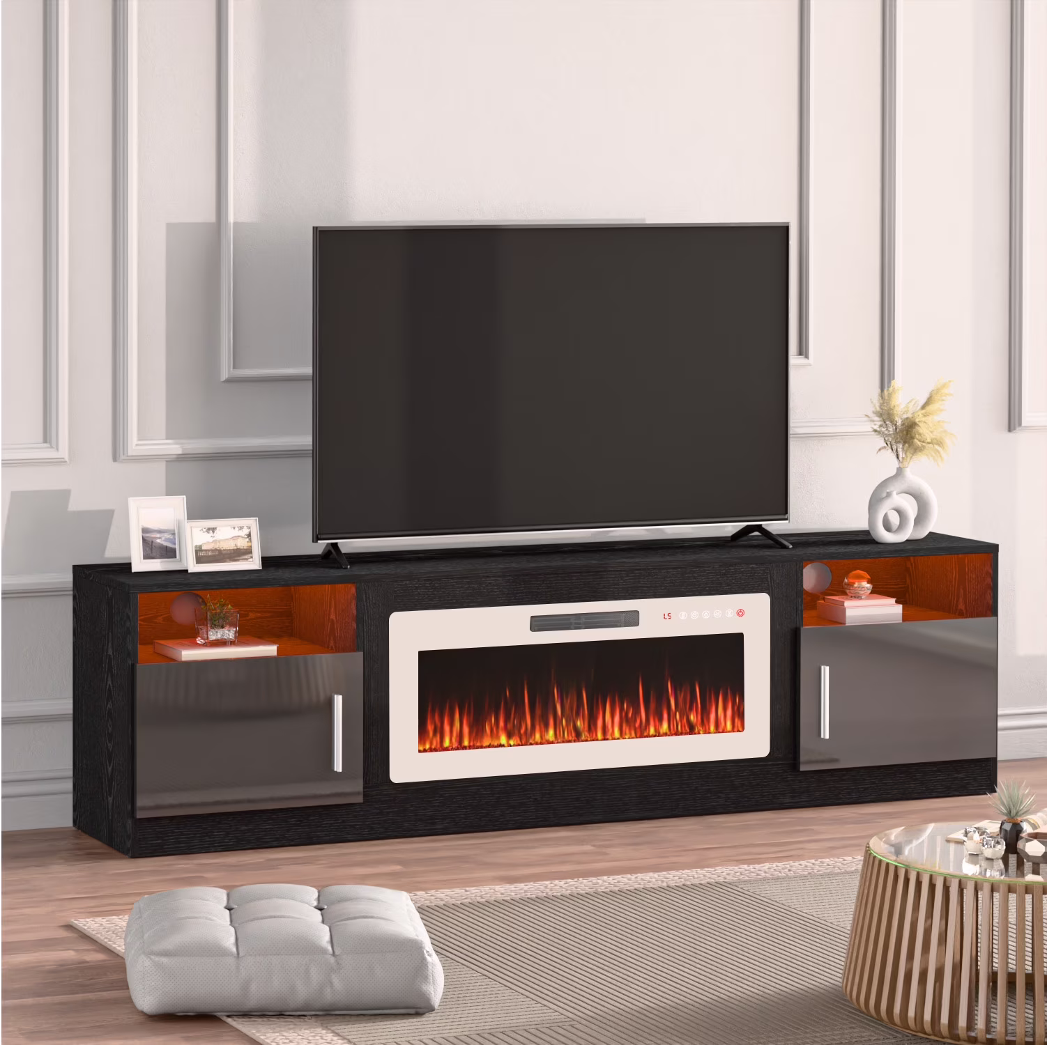 Waleaf Fireplace TV Stand with 36" Electric Fireplace Up to 80" TVs, Modern Wood Media TV Console with Highlight Cabinet, White - Image 5