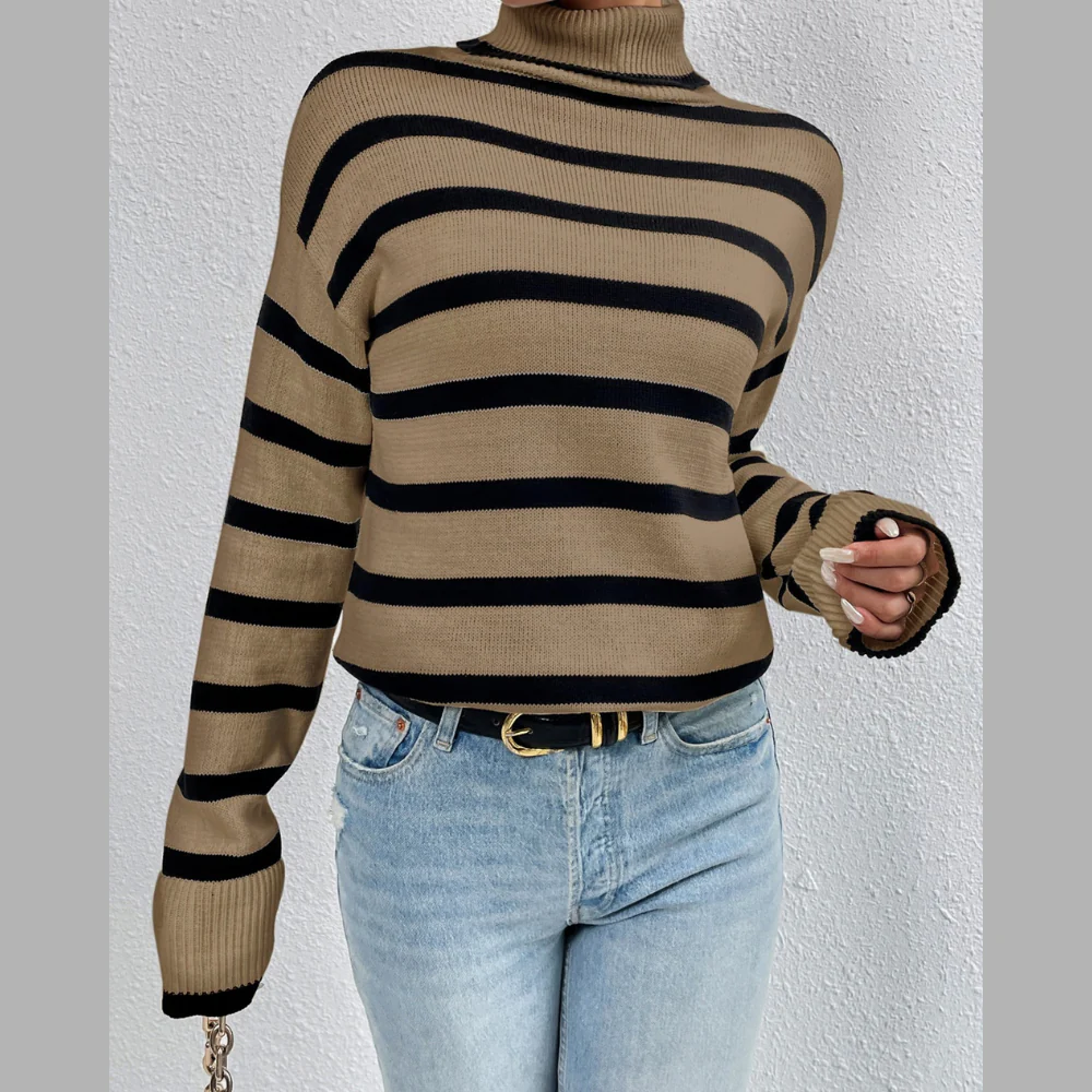 Striped Turtleneck Drop Shoulder Sweater - ZKZOOK