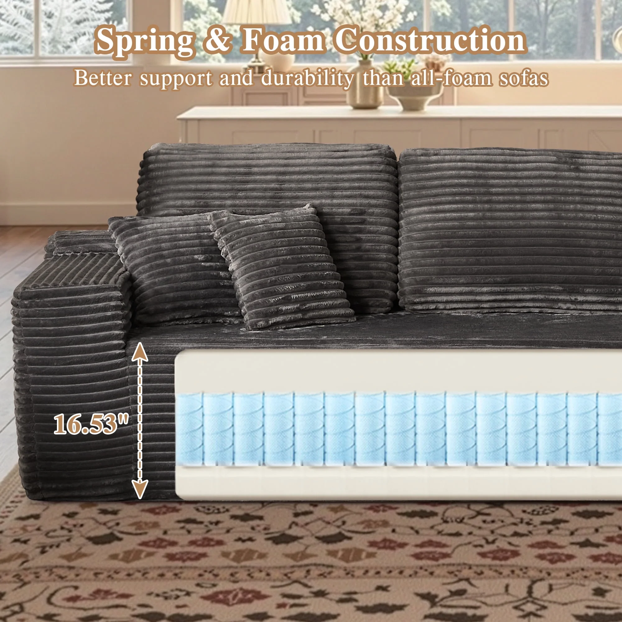 Ovios 106" L-Shaped Sectional Sofa Modern Modular Cloud Couch with Deep Seating Upholstered Sofa for Living Room Bedroom, No Assembly Required, Black(Corduroy) - Image 46