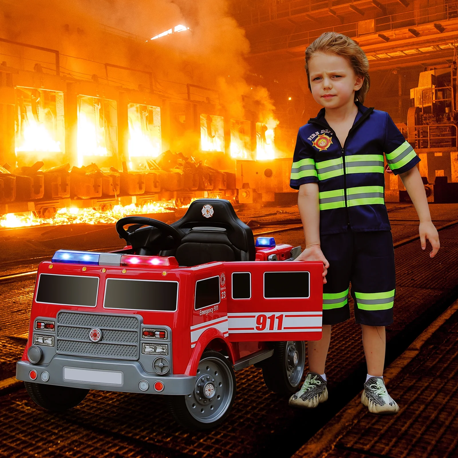 Bobiber Ride on Fire Truck, 12V Battery Powered Ride-On Toy Vehicle with Remote Control, Megaphone, Flashing Lights, Siren and Fire Extinguisher - For Boys and Girls Ages 3-6 - Image 6