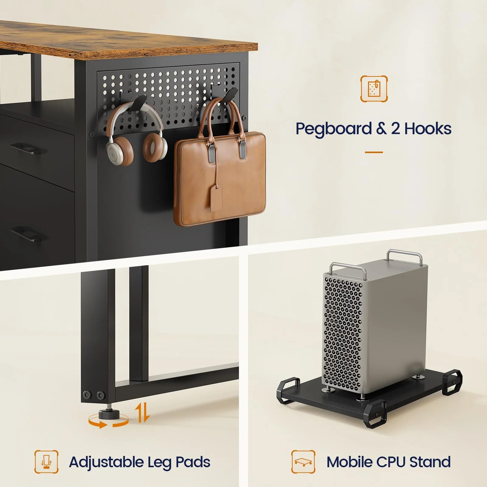 71" Executive Desk with Power Outlets, Modern L Shaped Office Desk with File Drawers and Pegboard, Large Computer Desk, Rustic Brown - Image 10