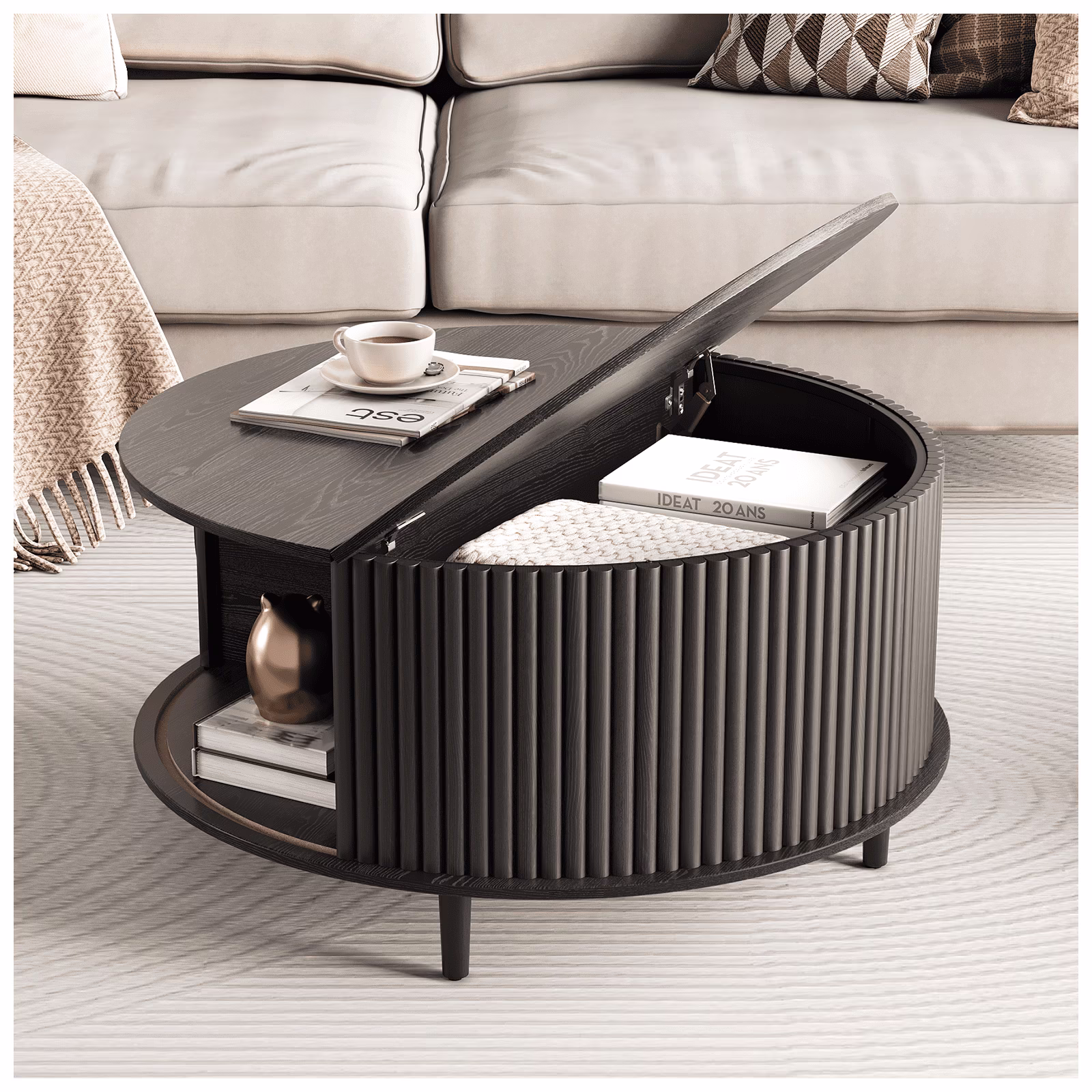 JOINICE Round Coffee Table with Storage and Sliding Door,Mid Century Modern Wooden Center Table,for Living Room,Walnut - Image 5