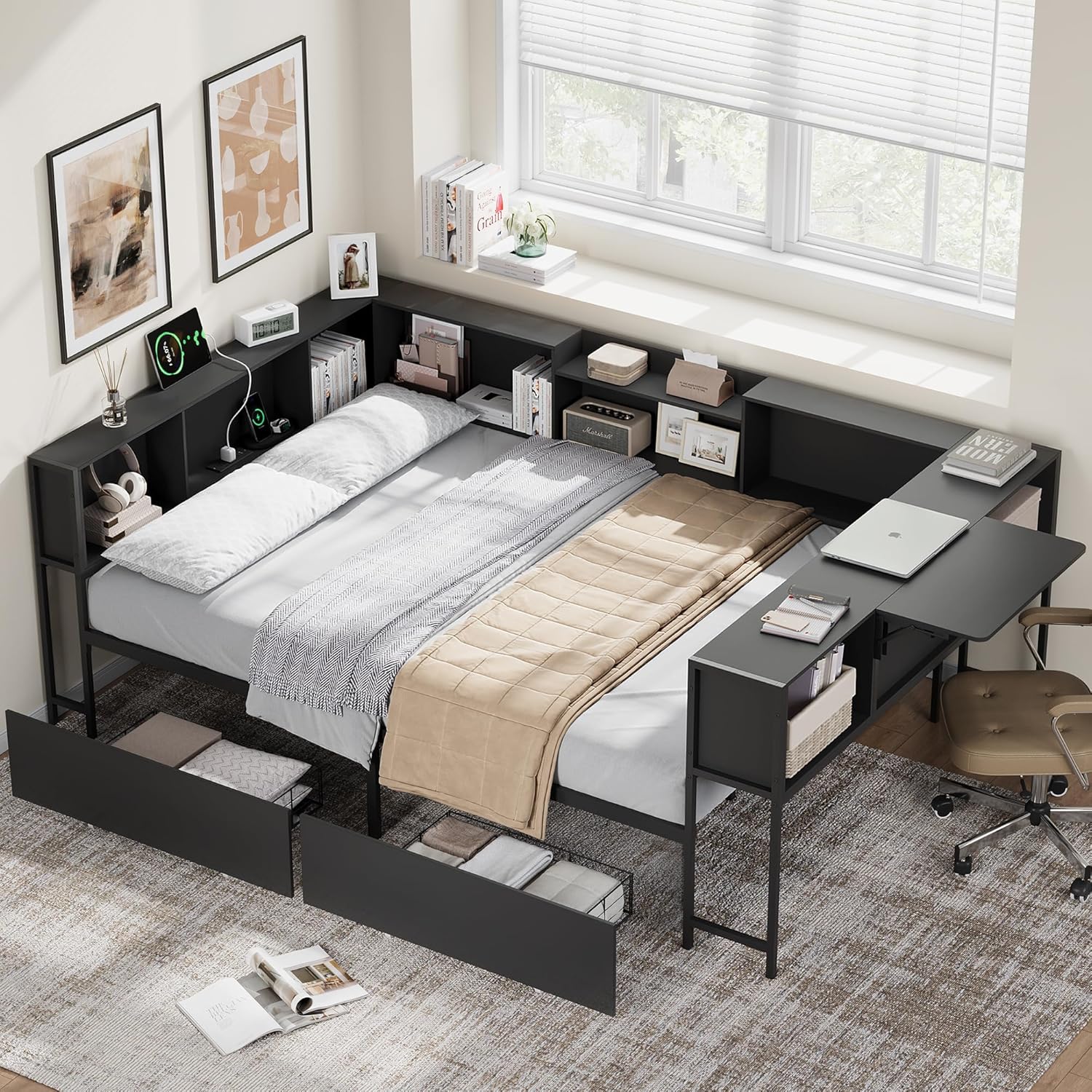 Corner Full Bed Frame with Storage Bookcase and Foldable Desktop, Black Full Size U-Shaped Metal Corner Bed Platform for Teenagers & Kids, Daybed with Charging Station & 2 Storage Drawers for Bedroom
