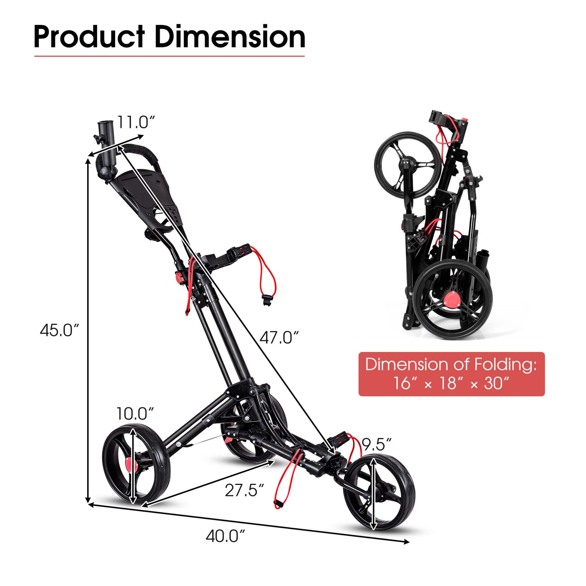 Costway Foldable 3 Wheel Steel Golf Pull Push Cart Trolley Club w/ Umbrella Holder - Image 2