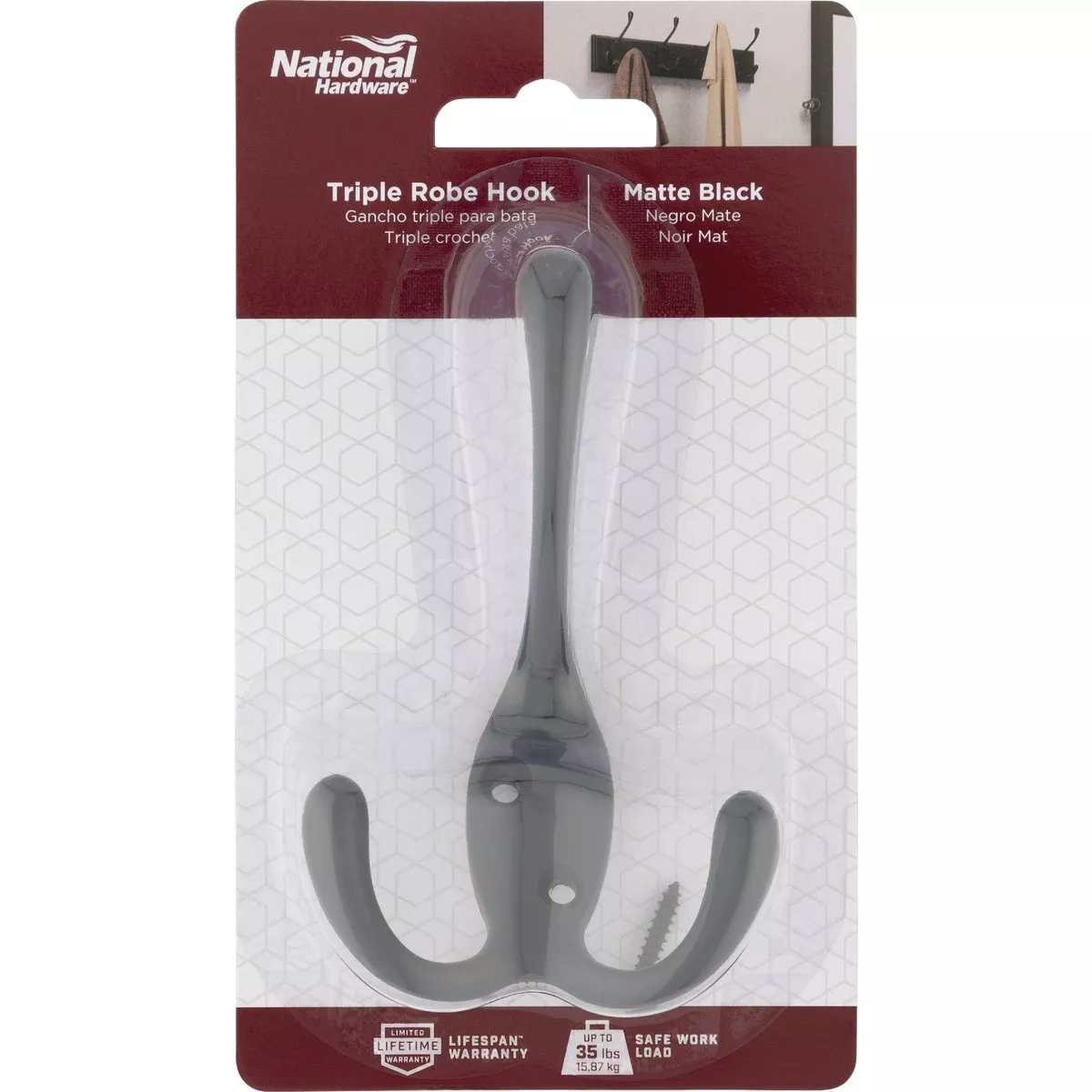 National Hardware Matte Black Triple Robe Hook