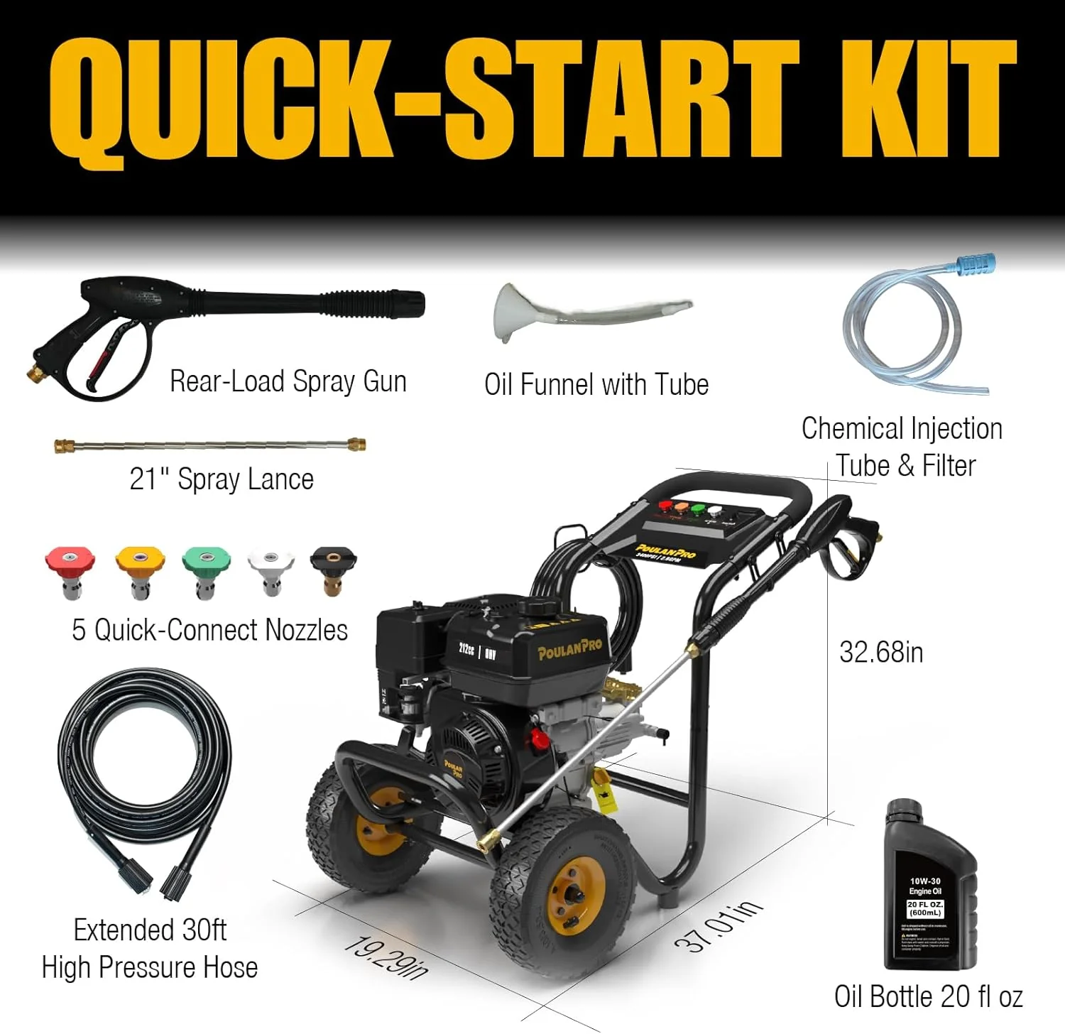 Poulan Pro Gas Pressure Washer 3400 PSI 2.6 GPM 212cc 4-Cycle With 30ft Hose, 21 Inch Lance, 5 Nozzles - Image 8 Poulan Pro Gas Pressure Washer 3400 PSI 2.6 GPM 212cc 4-Cycle With 30ft Hose, 21 Inch Lance, 5 Nozzles - Image 8