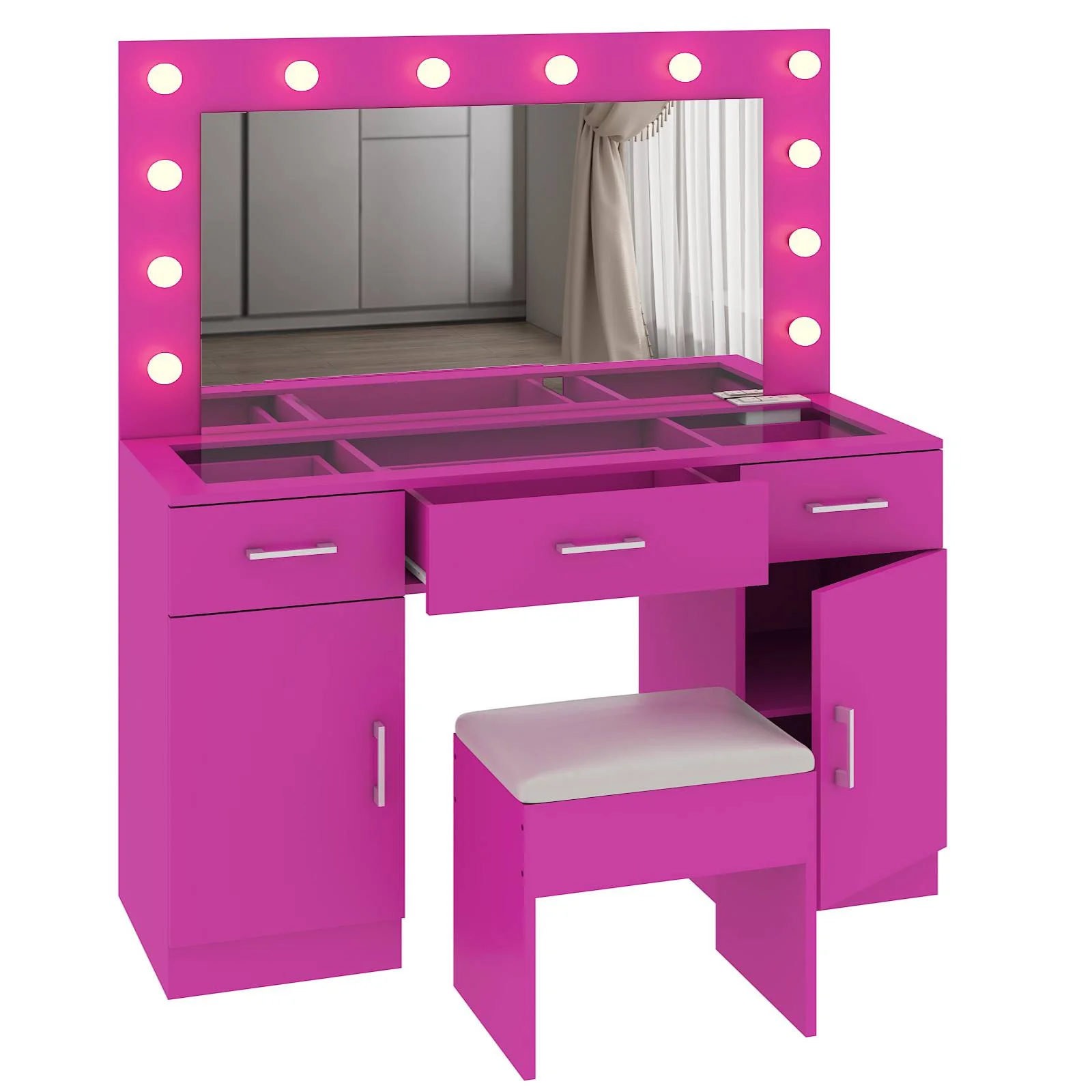 Ktaxon Large Makeup Vanity, Vanity Table Set w/ Visible Glass Top w/ Charging Station, White - Image 95