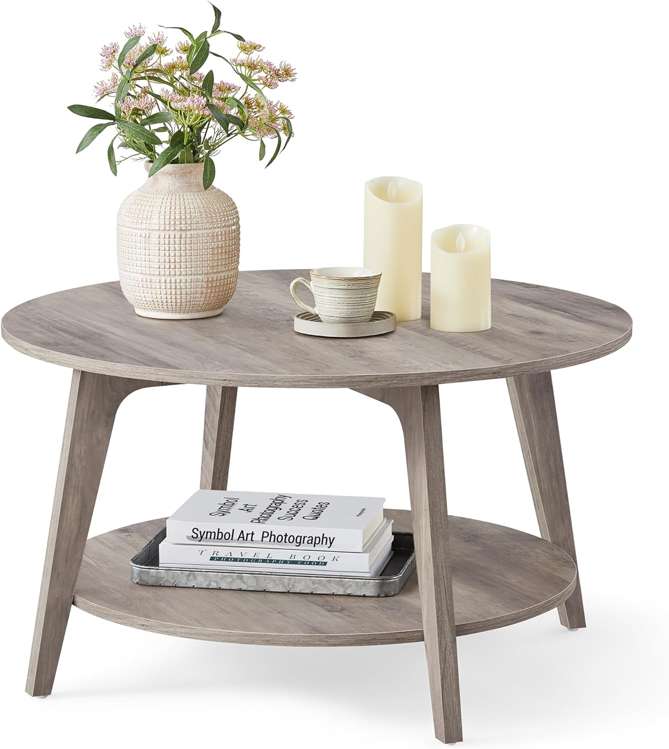 VASAGLE MAEZO Collection - Round Coffee Table, 2-Tier Center Table with Storage, Tapered Legs, Curved Transitions, 31.5 Dia. x 17.7 H Inches, Easy Assembly, for Living Room, Heather Greige ULCT243K02
