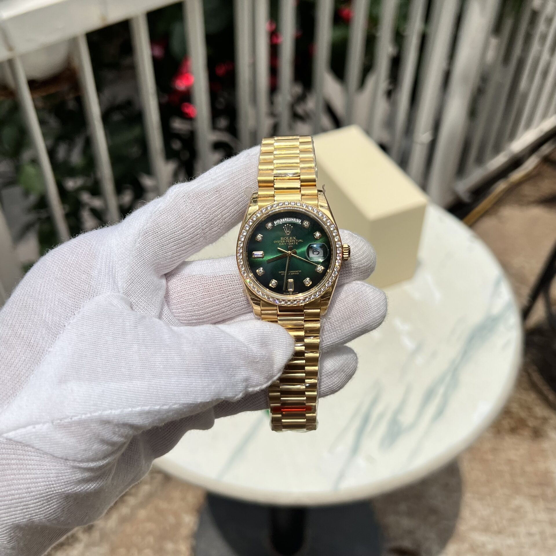 Rolex Replica 1:1 Watch Day-Date Green Dial With Diamonds EW 36mm - Elite Watch Atelier