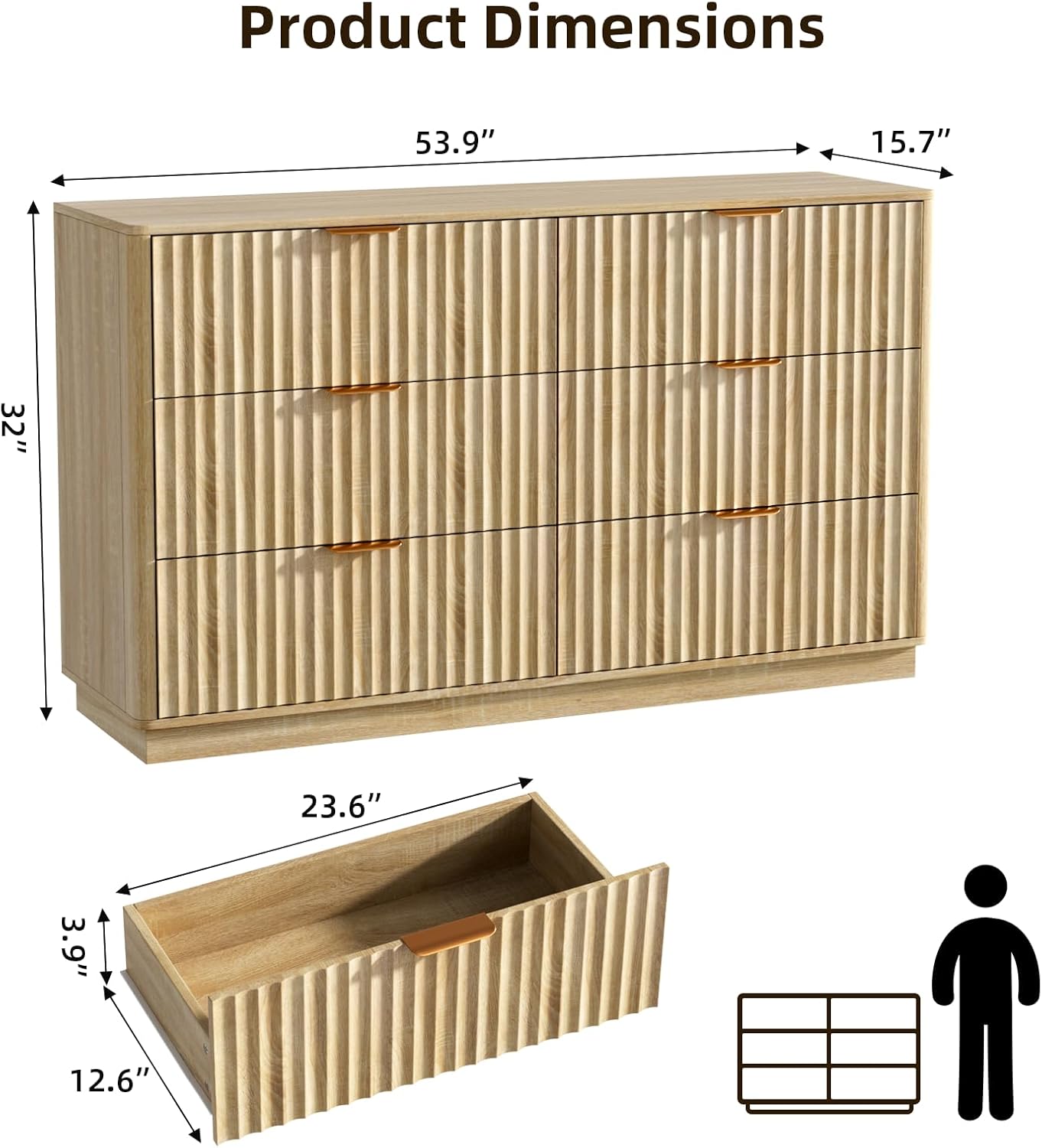 VOWNER Fluted 6 Drawers Dresser for Bedroom, 54