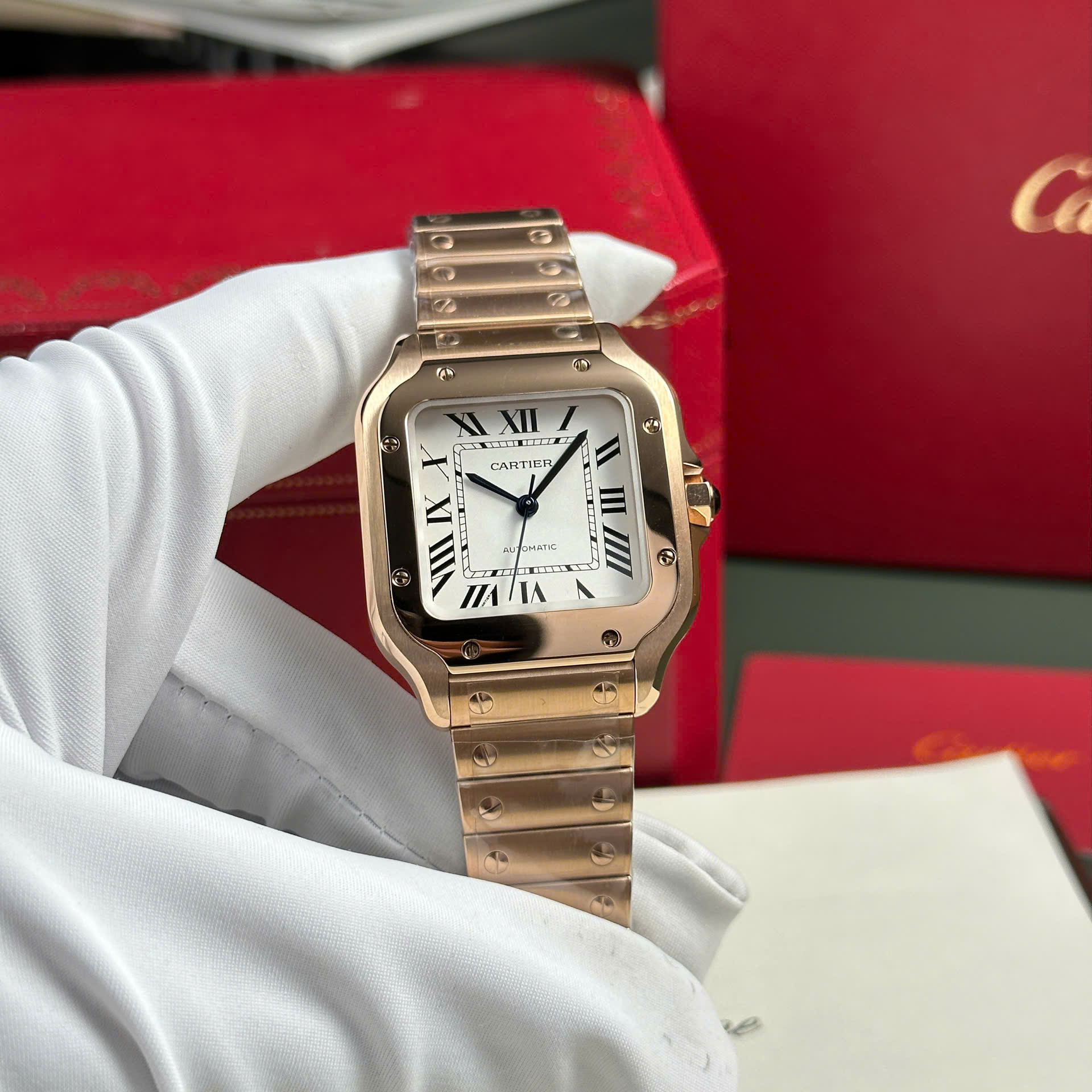 Cartier Santos Rose Gold Replica 11 Watch Dial White BV Factory 35mm - Elite Watch Atelier
