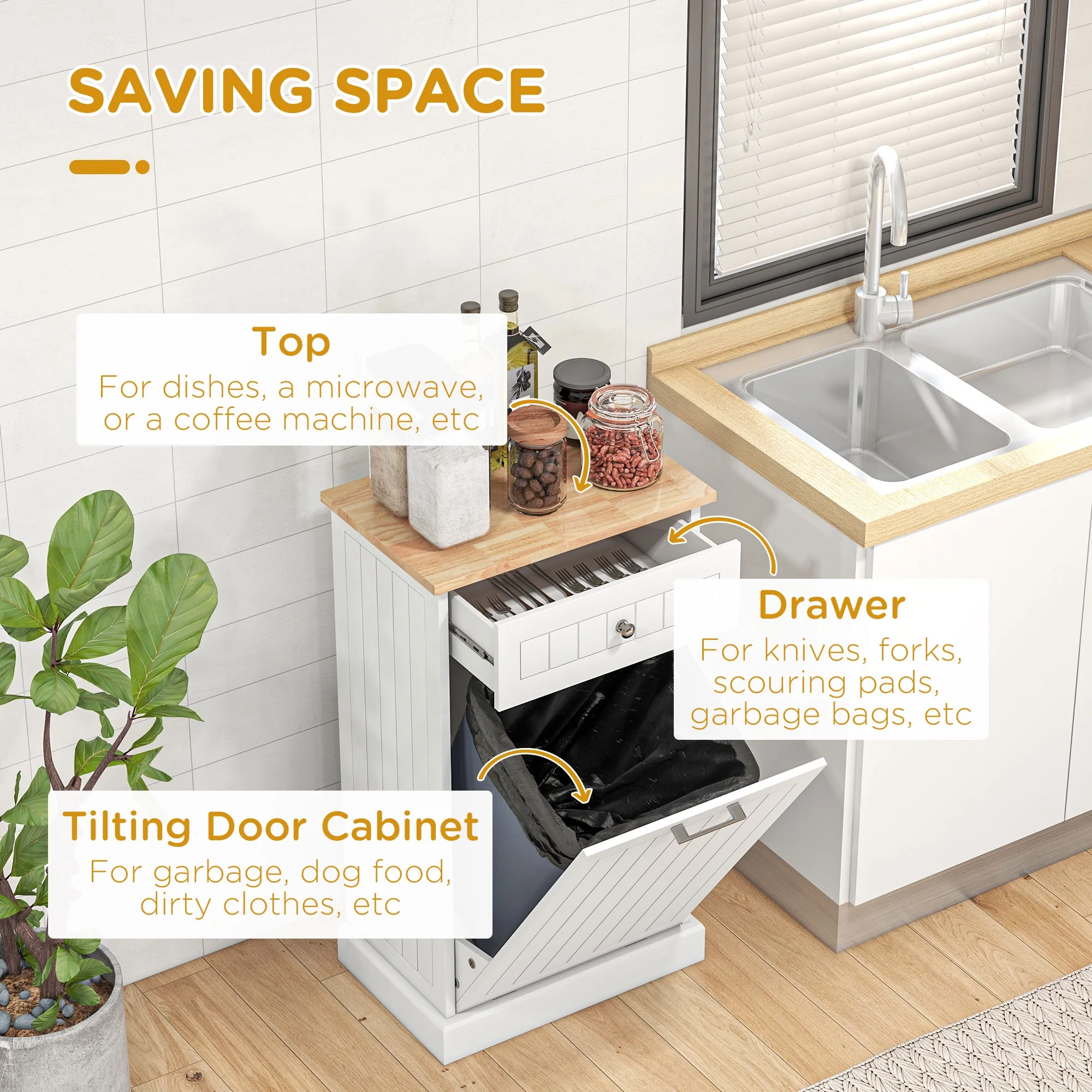 HOMCOM Kitchen Tilt Out Trash Bin Cabinet, Free Standing Recycling Cabinet - Image 12