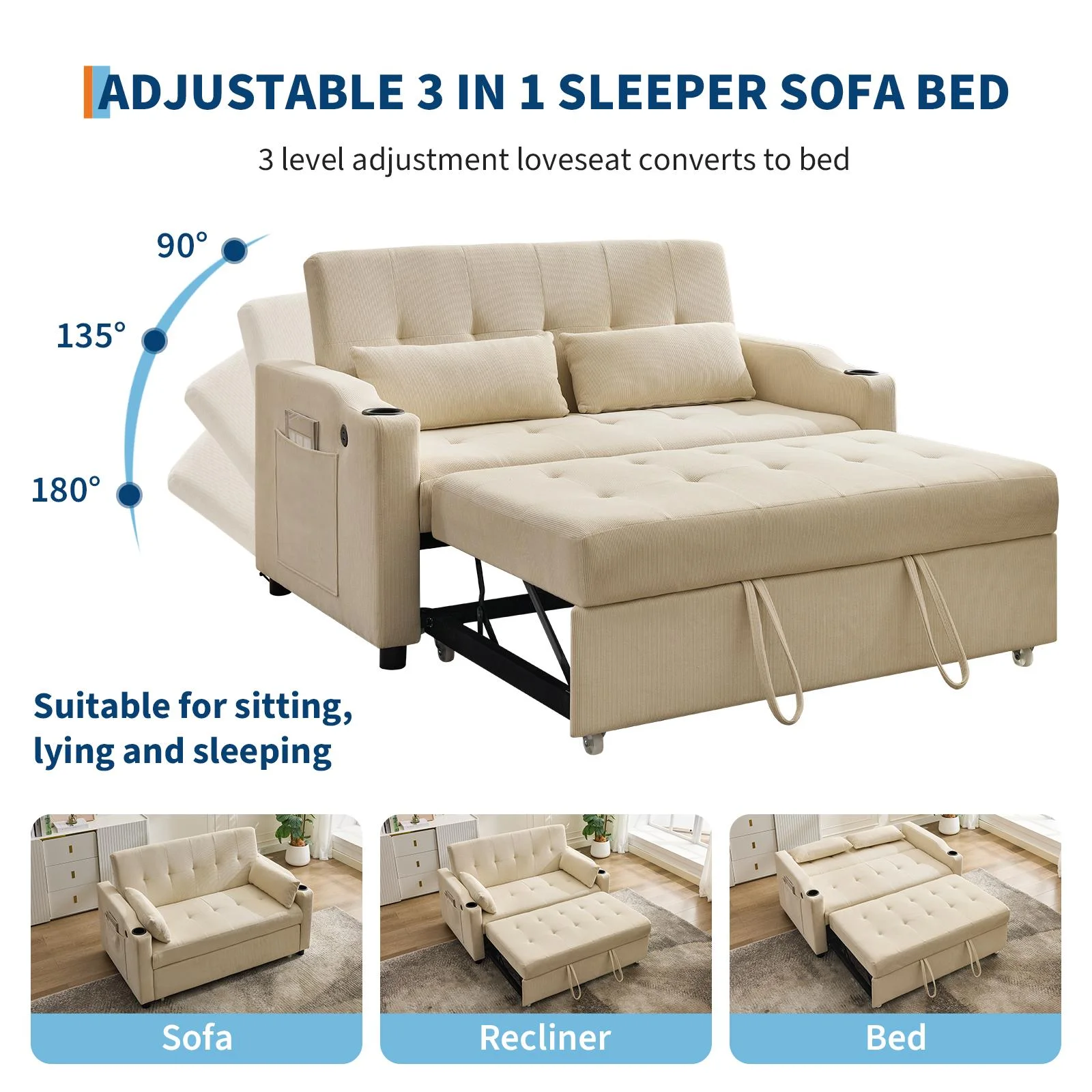 Beige 3-in-1 Convertible Sleeper Sofa Bed with Pull-Out Bed Corduroy Futon with Adjustable Backrest - Image 2