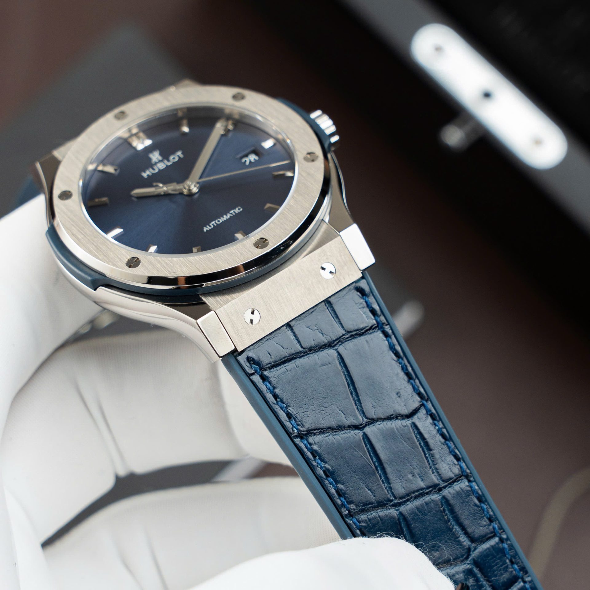 Hublot Classic Fusion Titanium Blue Replica Watches Movement SW300 Crocodile Leather Strap 42mm - Top club