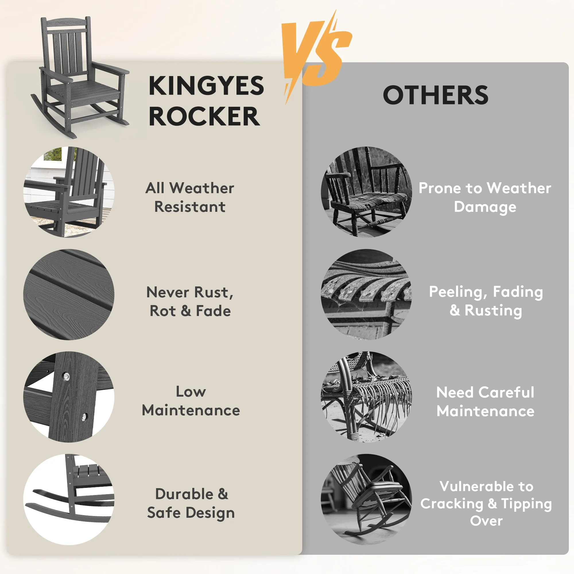 KINGYES HDPE Outdoor Rocking Chairs Set of 2,HDPE Patio Rocker for Porch,Black - Image 37