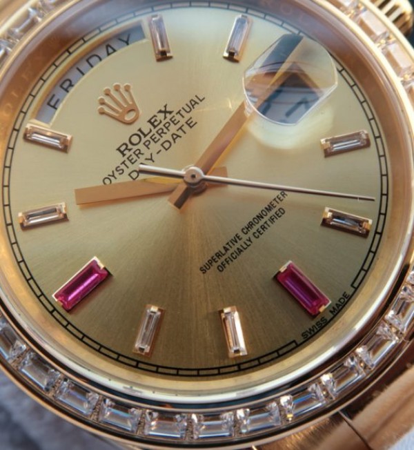 Replica Rolex Day-Date II RG Gold Dial Diamonds Bezel White/Red Crystal Markers RG Bracelet A3255 - Elite Watch Atelier