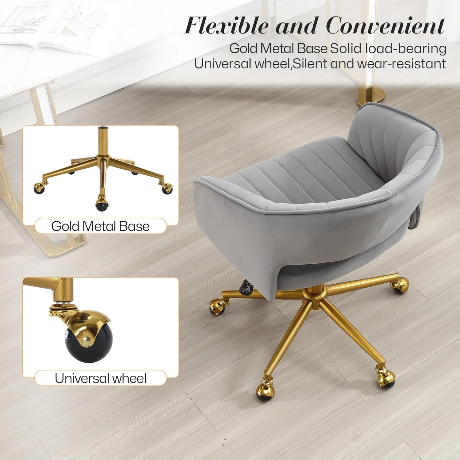 Home Office Swivel Desk Chair, Modern Velvet Vanity Chair, Height Adjustable Armchair with Gold Base, Ergonomic Office Chair for Task Study Computer Room, Beige - Image 18