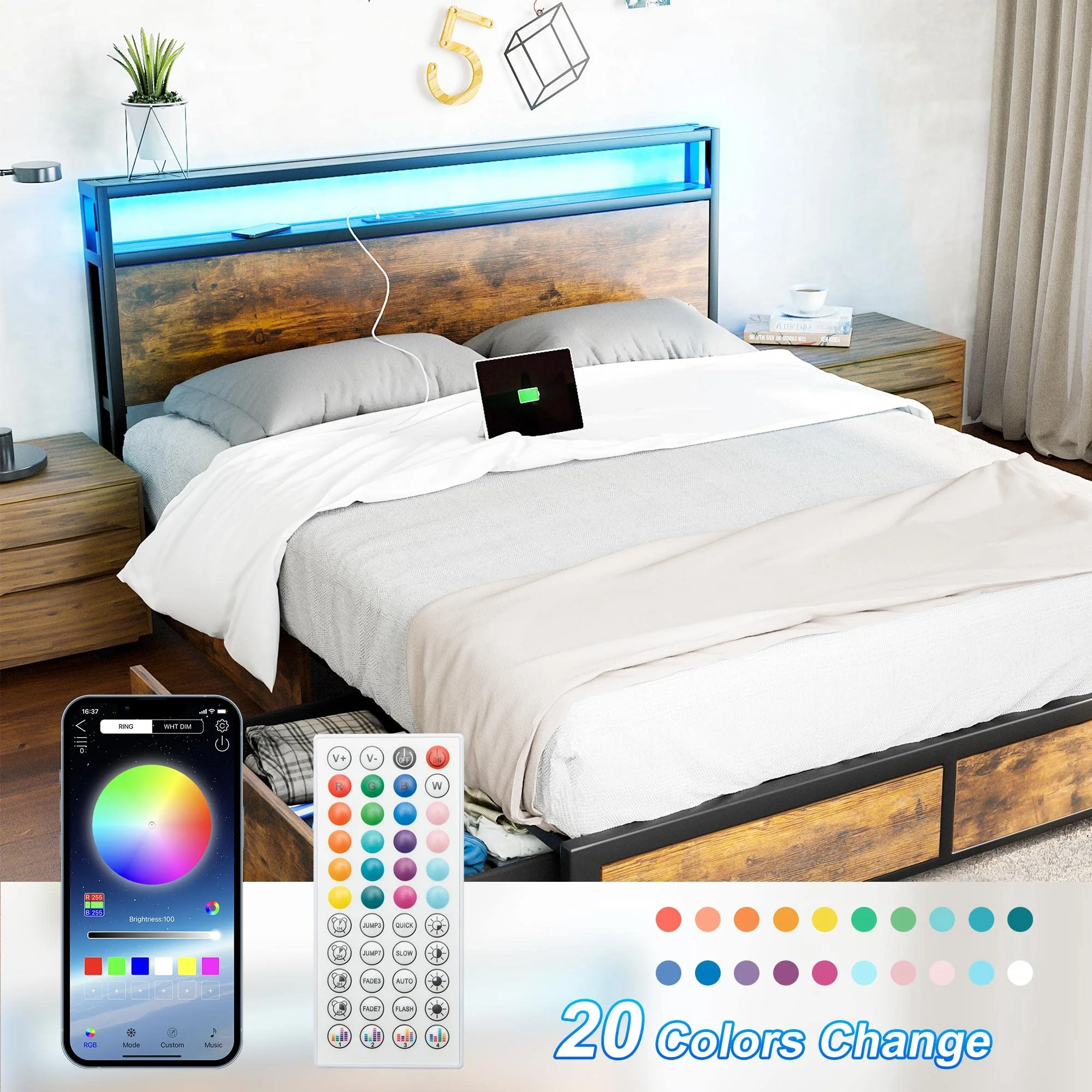 LED Full Bed Frame with Storage Headboard & 4 Drawers, Industrial Metal Platform Bed with Power Charging Station & USB Ports - Image 2