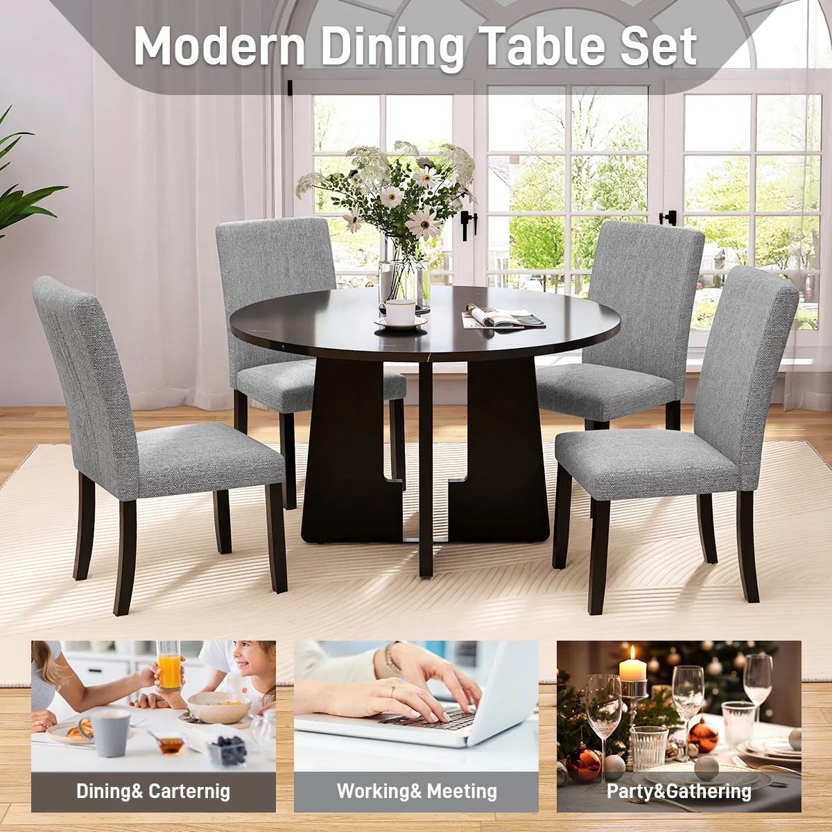 EUROCO 5-Piece Round Dining Table Set for 4, 43.3'' Kitchen Room Table with 4 Upholstered Chairs and Solid Wood Frame,Kitchen Table Set for Home Living Dining Room, Grey & Black - Image 7