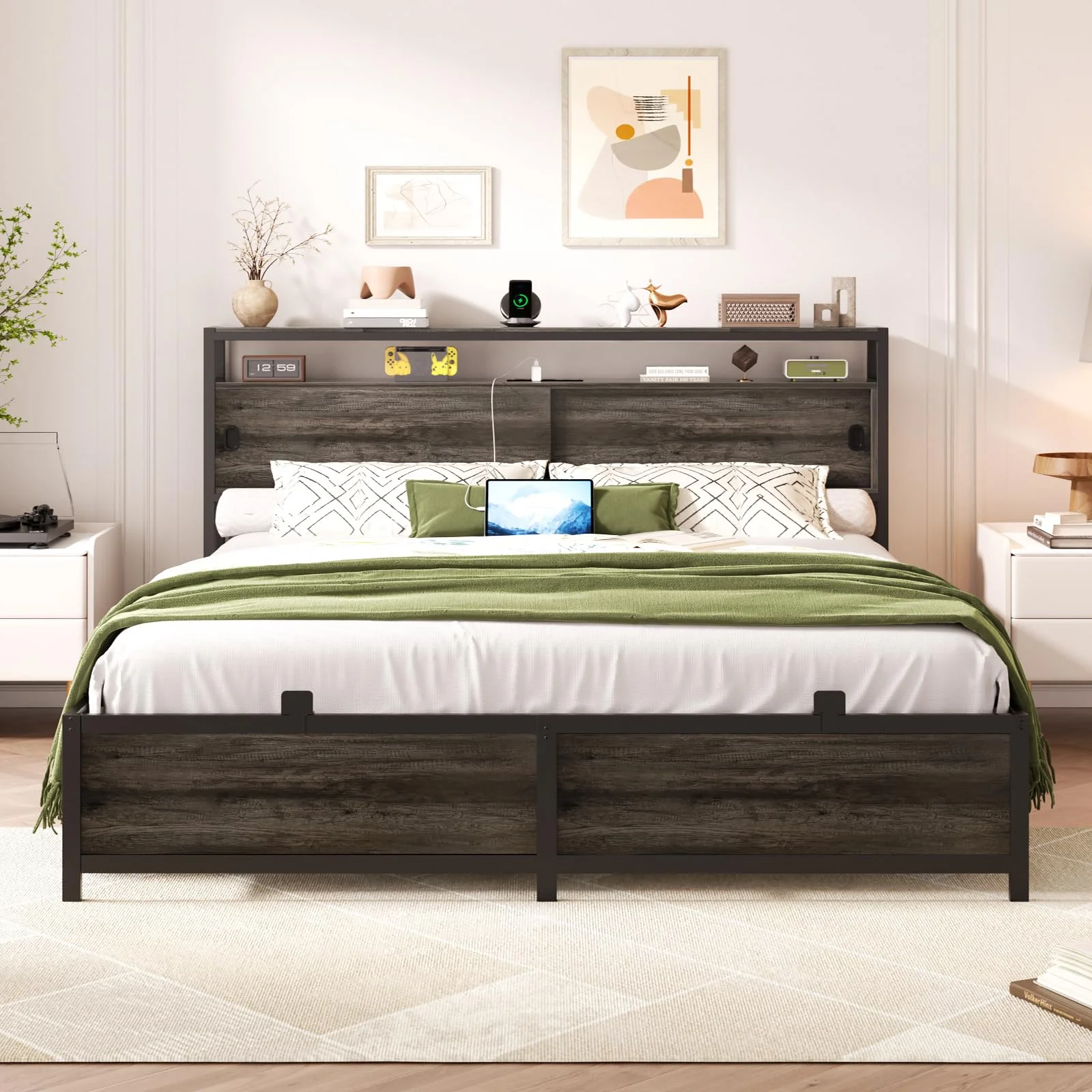 Aheaplus Queen Size Bed Frame - Storage Headboard Bed with Sliding Doors, LED Lights & USB Charging Station, Metal Platform Bed Frame, No Box Spring Needed,Gray Oak
