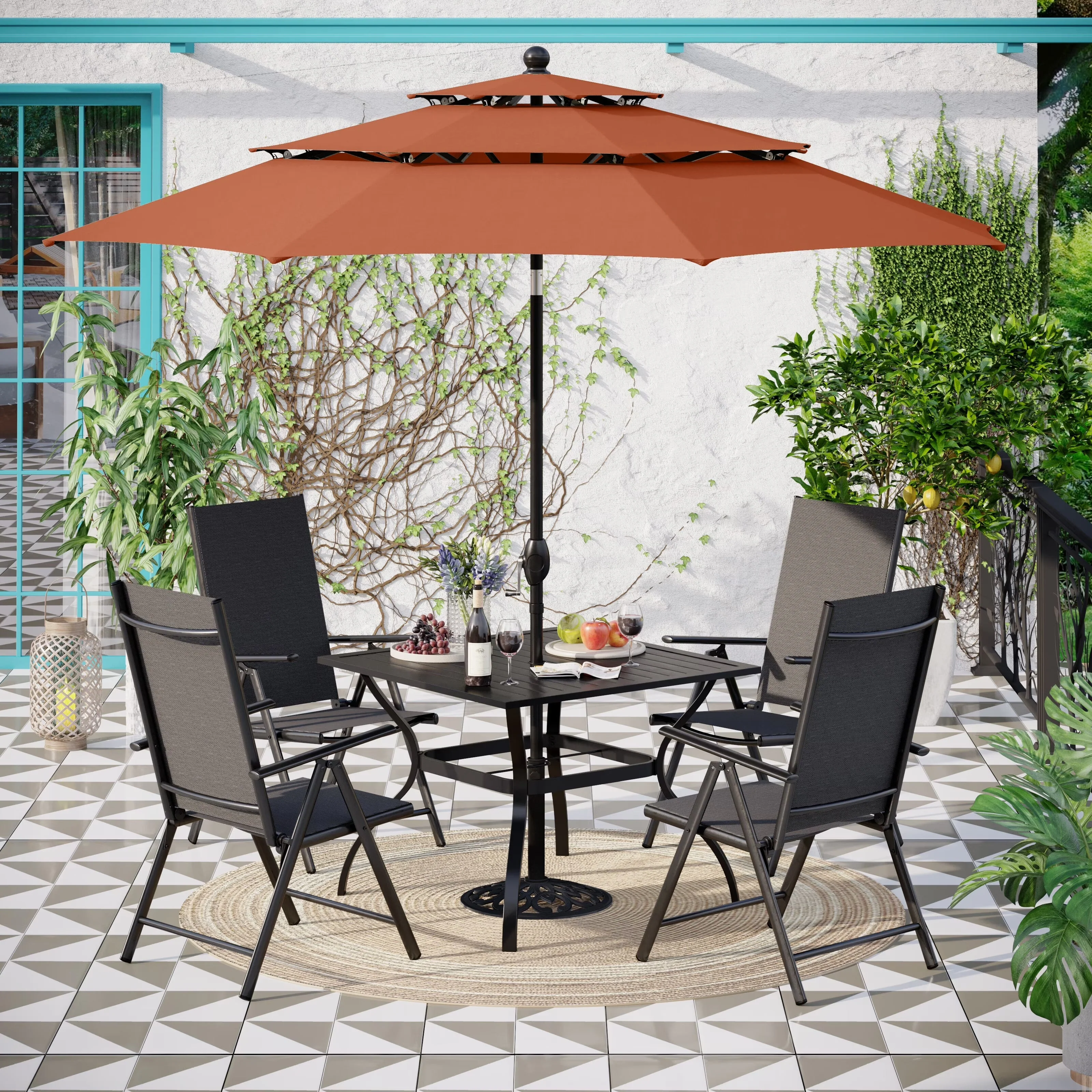 MAISON ARTS 6-Piece Patio Dining Set With 4 Adjustable Folding Chairs, Square Metal Table And 10ft Umbrella