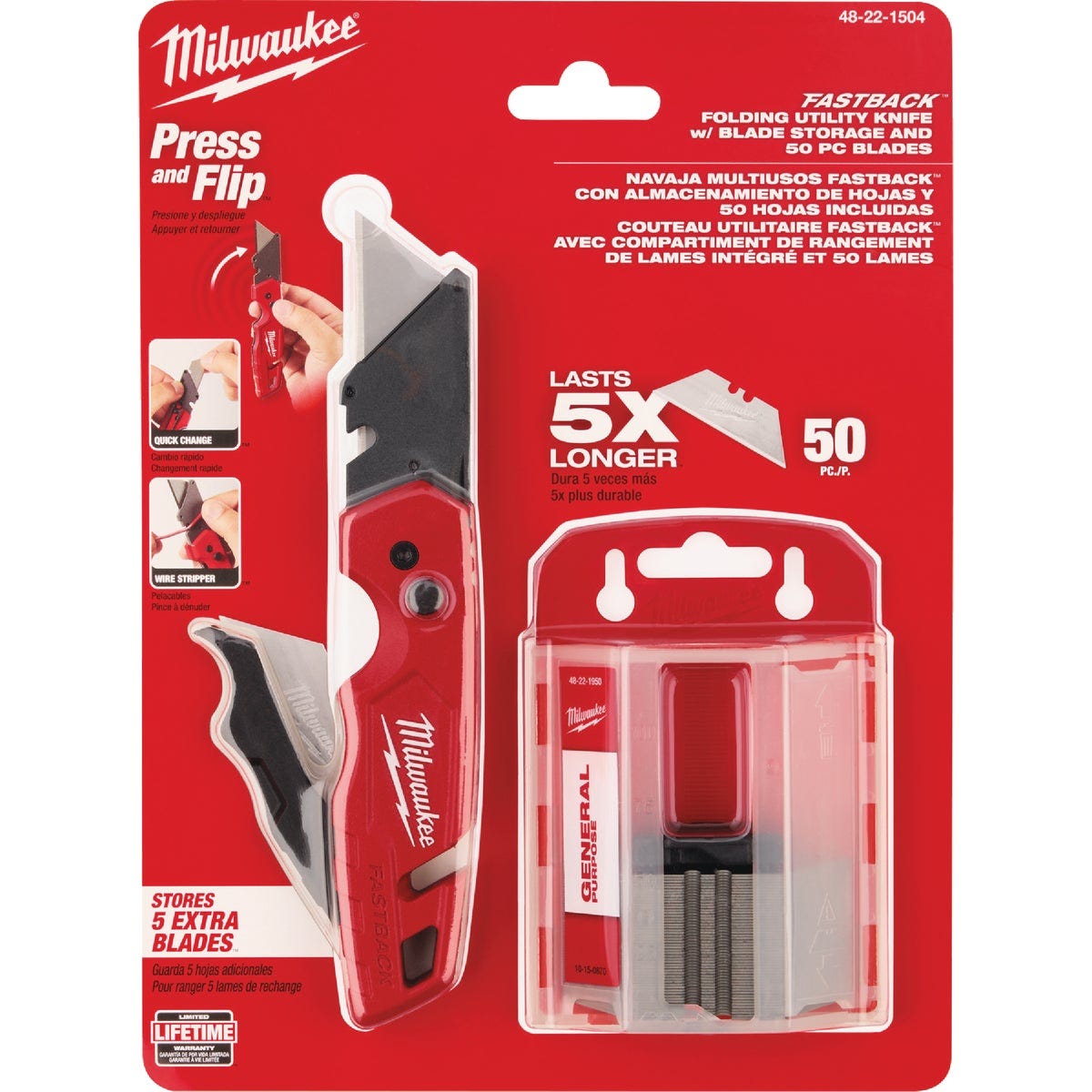 Milwaukee FASTBACK Folding Utility Knife with Storage & 50-Piece General Purpose Blades