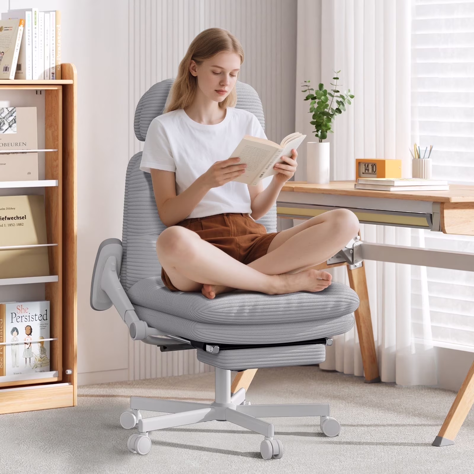 HomeZeer Ergonomic Cross-Legged Office Chair with Footrest & Headrest, Heavy Duty Executive Desk Chair with Flip-up Armrests, Corduroy Fabric Computer Criss Cross Chair for Home Office, Black - Image 3
