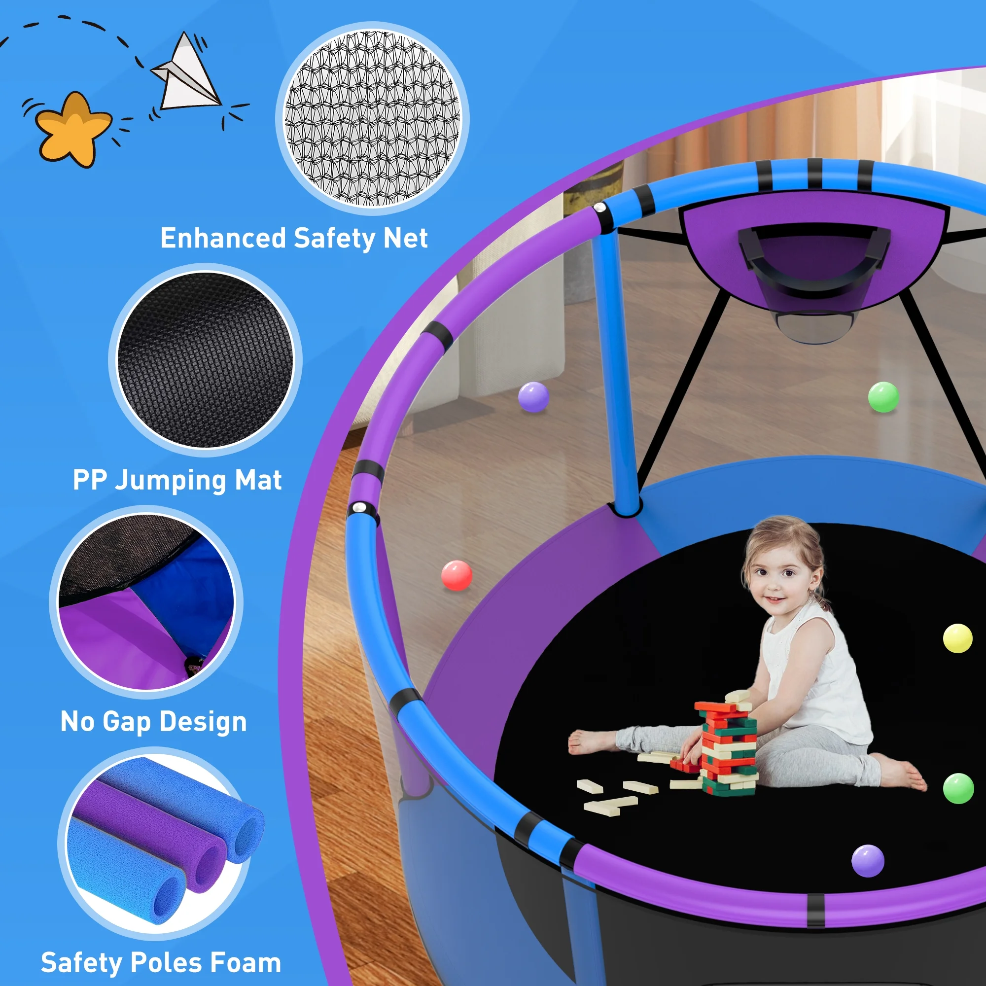 CITYLE Trampoline for Kids 600LBS 60'' 5FT Toddler Trampoline Indoor Outdoor with Basketball Hoop, Swing, Adjustable Bar, Mini Small Trampoline with Enclosure, Gifts for Toddlers, Boys & Girls - Image 41