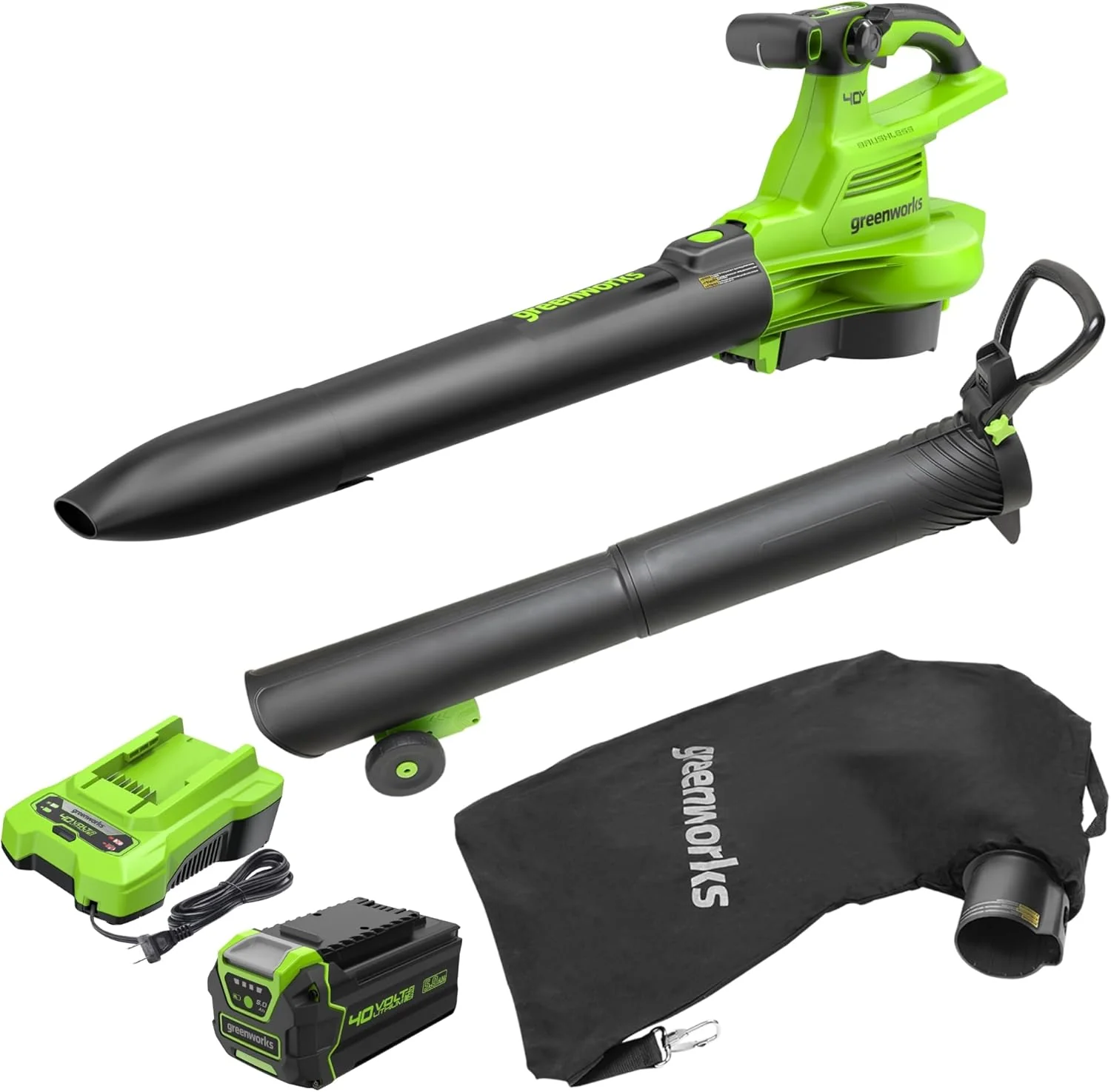 Greenworks 40V Cordless Brushless Leaf Blower Vacuum With Bag, 230 MPH, 505 CFM, 5.0Ah Battery And Charger Greenworks 40V Cordless Brushless Leaf Blower Vacuum With Bag, 230 MPH, 505 CFM, 5.0Ah Battery And Charger