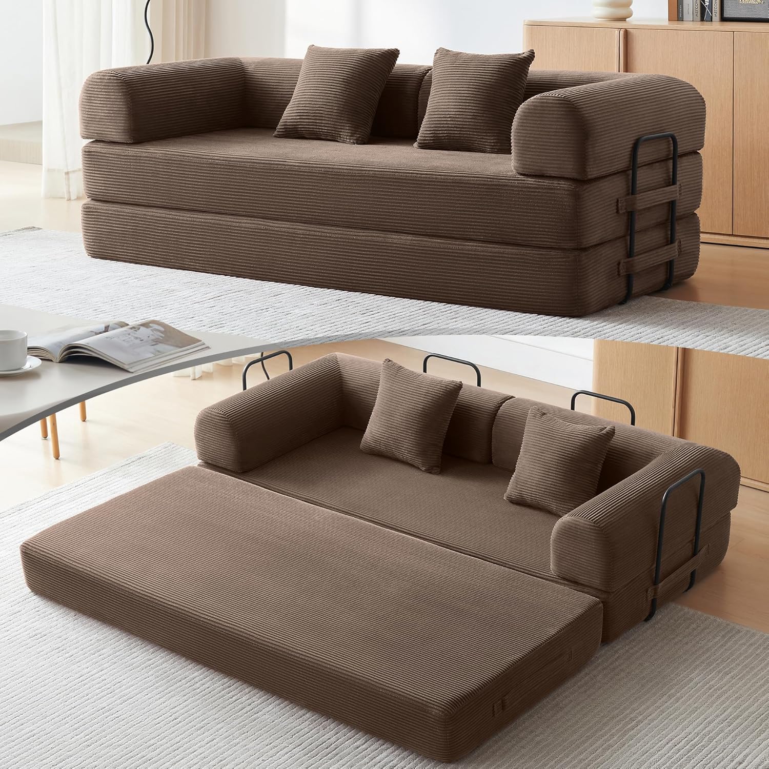 Convertible Modular Sleeper Sofa Bed, Mid Century Modern Decor Love Seat Memory Foam Couches, Sleeper Sofa Bed for Living Room, Solid & Easy to Install Cloud Couch (Brown)
