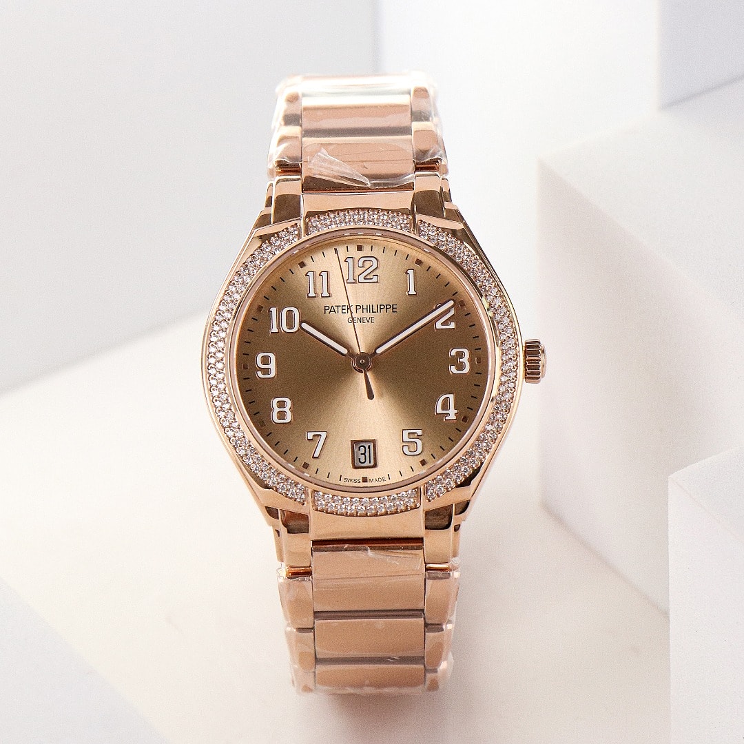 Fake Diamond Watch Replica Patek Philippe Twenty~4 Ladies Rose Gold Brown Sunburst 7300/1200R-001(1:1 replica) - Top club