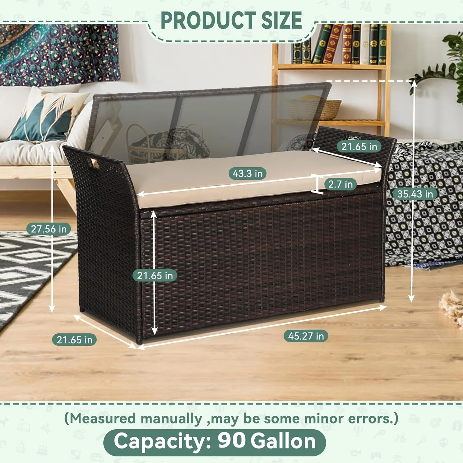 SOLAURA 90 Gallon Patio Wicker Storage Bench w/Cushion, Outdoor Rattan Deck Storage Box w/Handles & Hydraulics, Gray - Image 15
