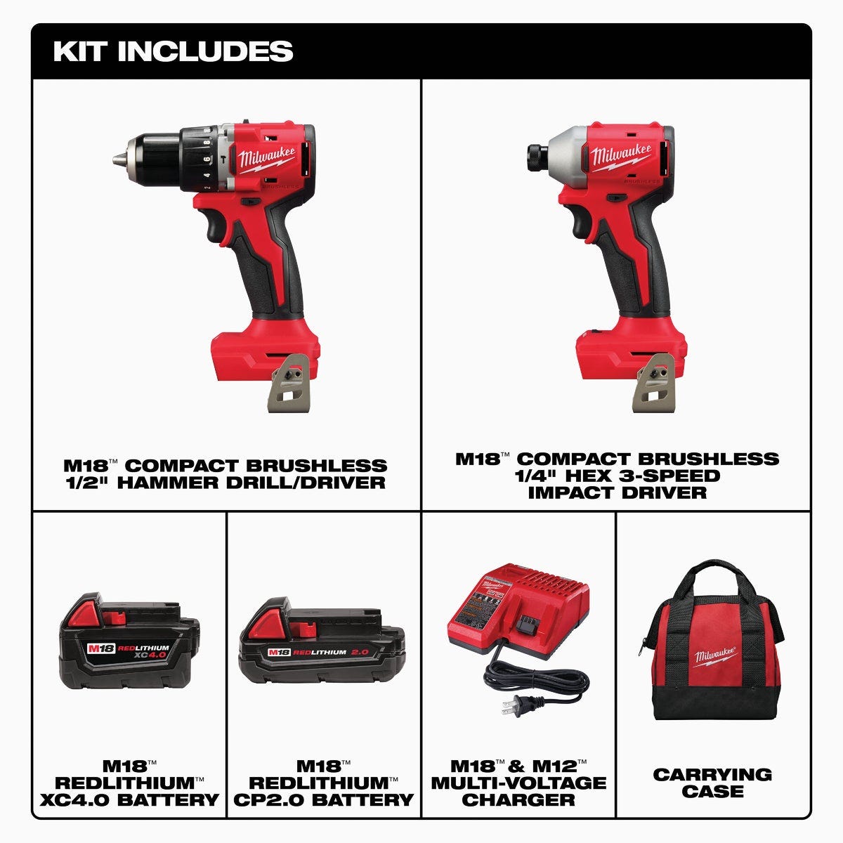 Milwaukee M18 2-Tool Brushless Cordless Compact Drill/Driver & Compact Impact Driver Combo Kit with (2) Batteries & Charger