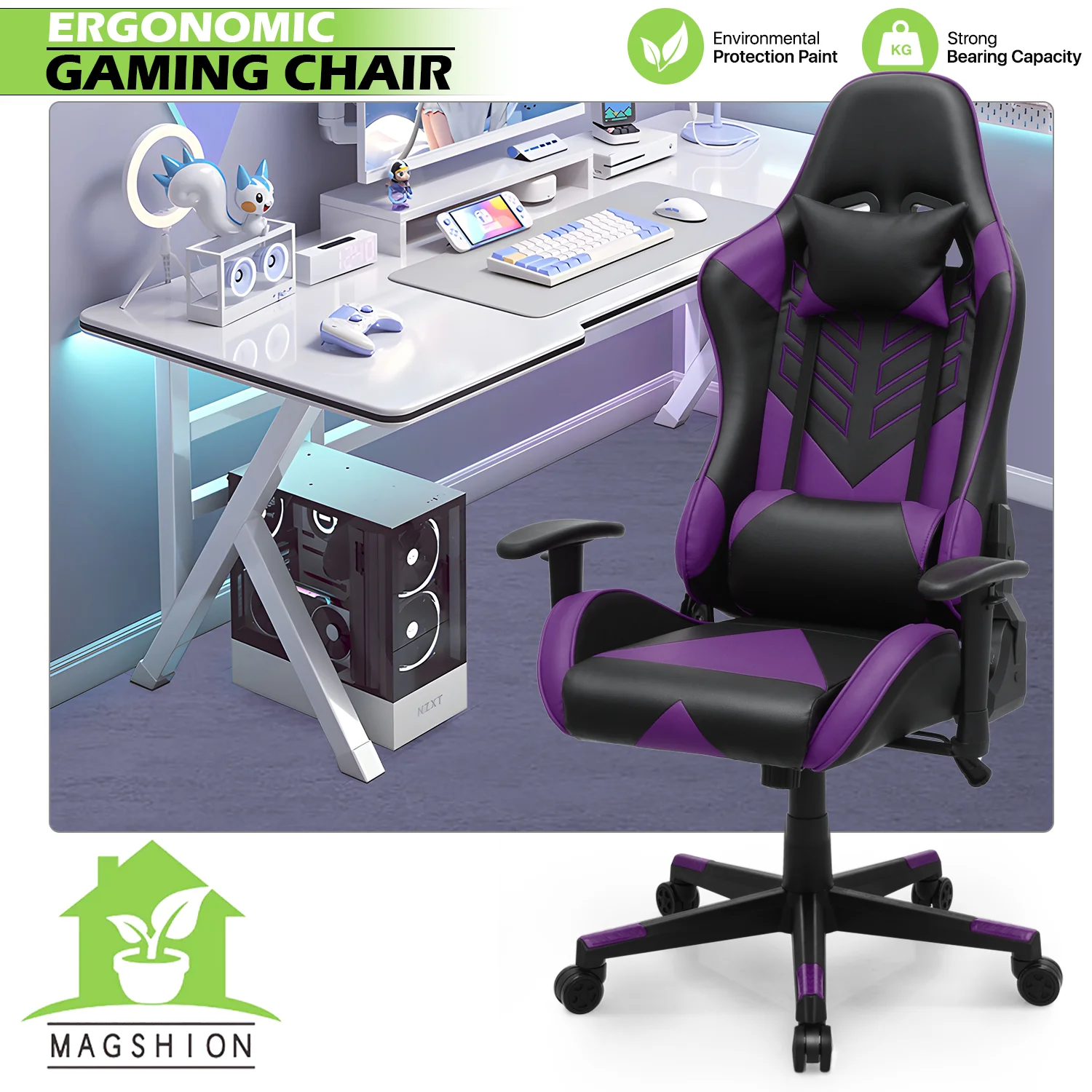 Magshion Ergonomic Gaming Chair, Comfortable Gaming Chair, Computer Chair Leather Desk Chair Adjustable Swivel Gaming Office Chair, Blue - Image 63