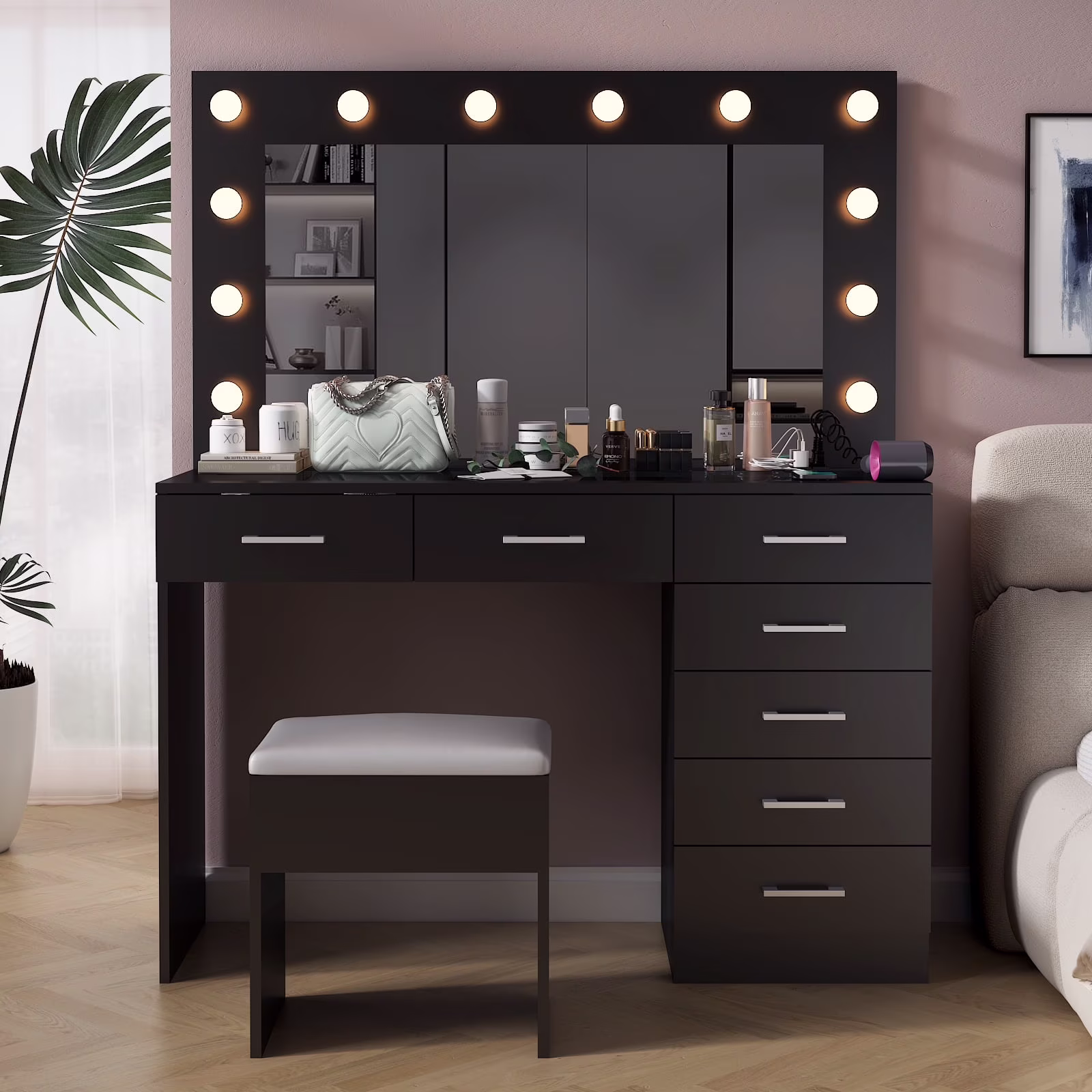 Ktaxon Large Makeup Vanity, Vanity Table Set w/ Visible Glass Top w/ Charging Station, White - Image 24