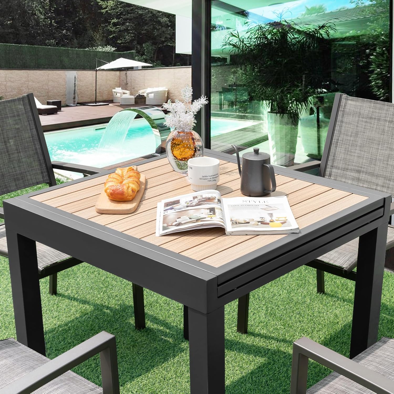 Extendable Outdoor Dining Table, Aluminum Frame, Dark Grey, Slatted Top - 80D x 160W x 75H Centimetres - Image 3 Extendable Outdoor Dining Table, Aluminum Frame, Dark Grey, Slatted Top - 80D x 160W x 75H Centimetres - Image 3