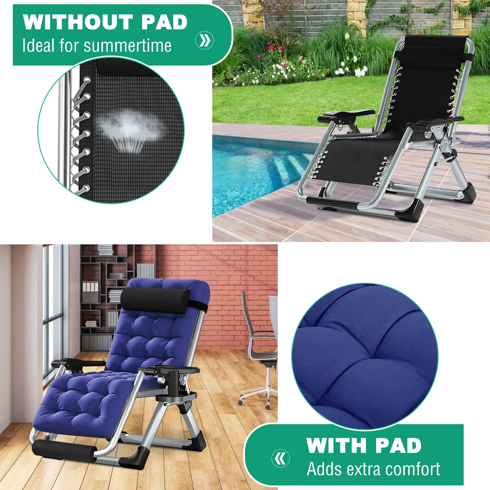 NAIZEA Zero Gravity Chair with Removable Cushion and Cup Holder Black - Image 44
