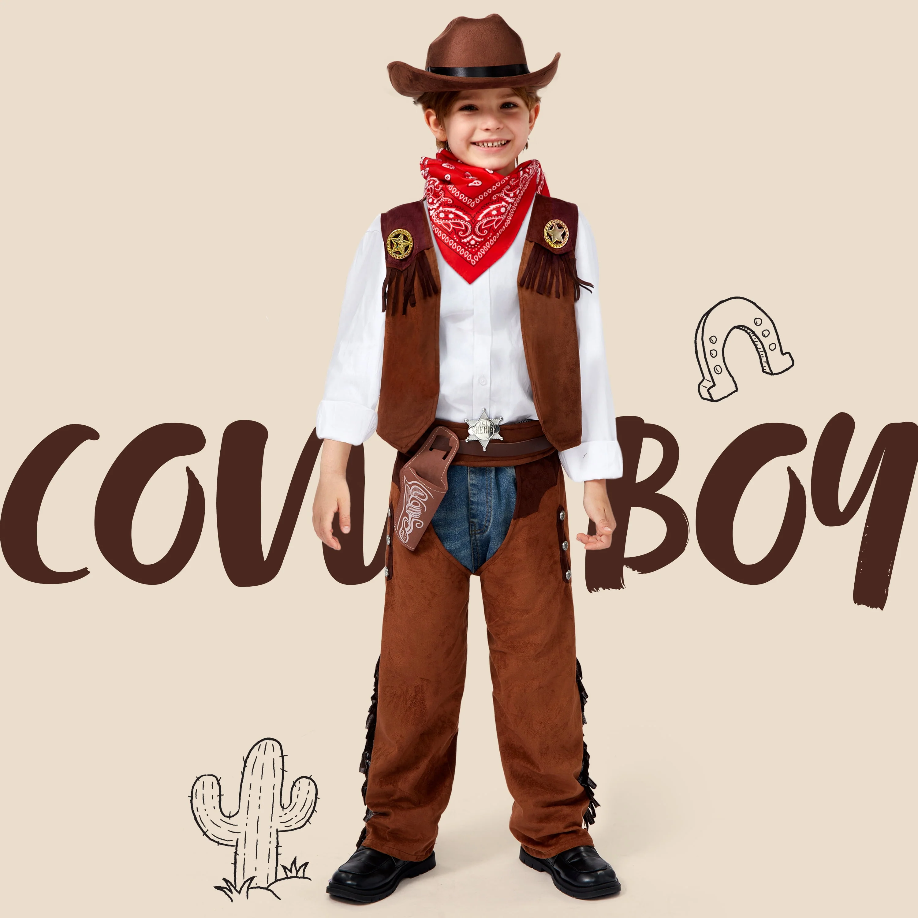 Joyfy Halloween Cowboy Costume for Boys, Kids Cowboy Costume Set, Brown Western Style Cowboy Outfit with Cowboy Hat for Toddler Dress-up Party Cosplay - Image 3 Joyfy Halloween Cowboy Costume for Boys, Kids Cowboy Costume Set, Brown Western Style Cowboy Outfit with Cowboy Hat for Toddler Dress-up Party Cosplay - Image 3