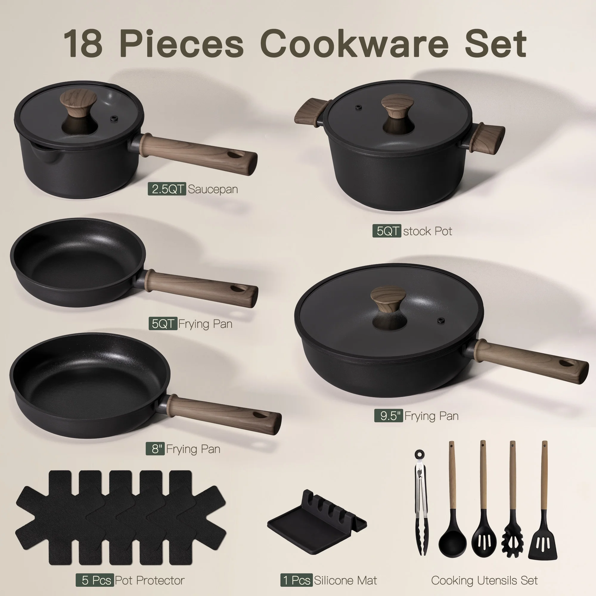 Astercook 18-Piece Pots and Pans Set, Nonstick Cookware Set with Elegant Wooden Handle, Oven Safe to 480��F, Induction Compatible, Kitchen Cooking Set for RV Trips, Camping and Picnic, Black