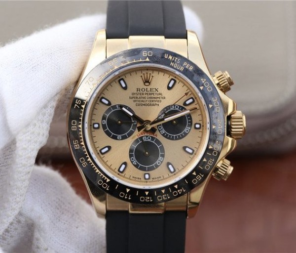 Replica Rolex Daytona 116518 Noob YG/Black Dial Rubber Strap A7750 - Elite Watch Atelier