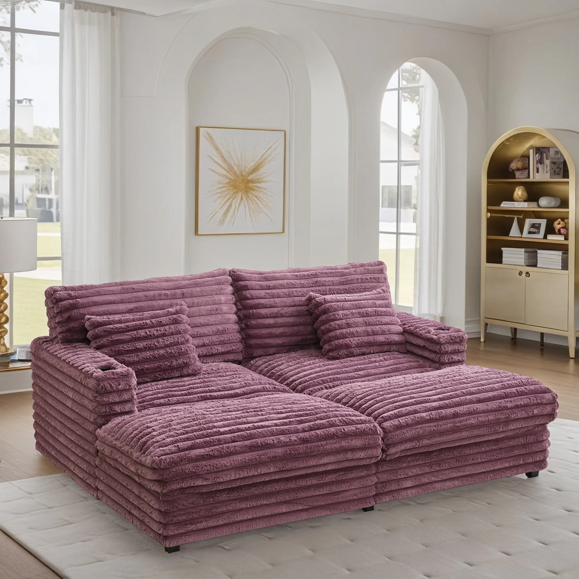 Oversized Double Chaise Lounge, Faux Fur Upholstered Deep Seat Sofa with 2 Pillows, 2 Cupholders, and Dual USB Ports - Image 13
