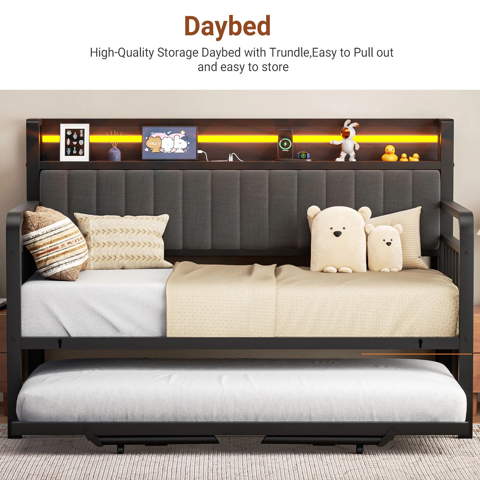 Cocosity Modern Sturdy Metal Twin Daybed Frame with Trundle & Upholstered LED Headboard, Sofa Bed for Small Apartment, Gray & Black