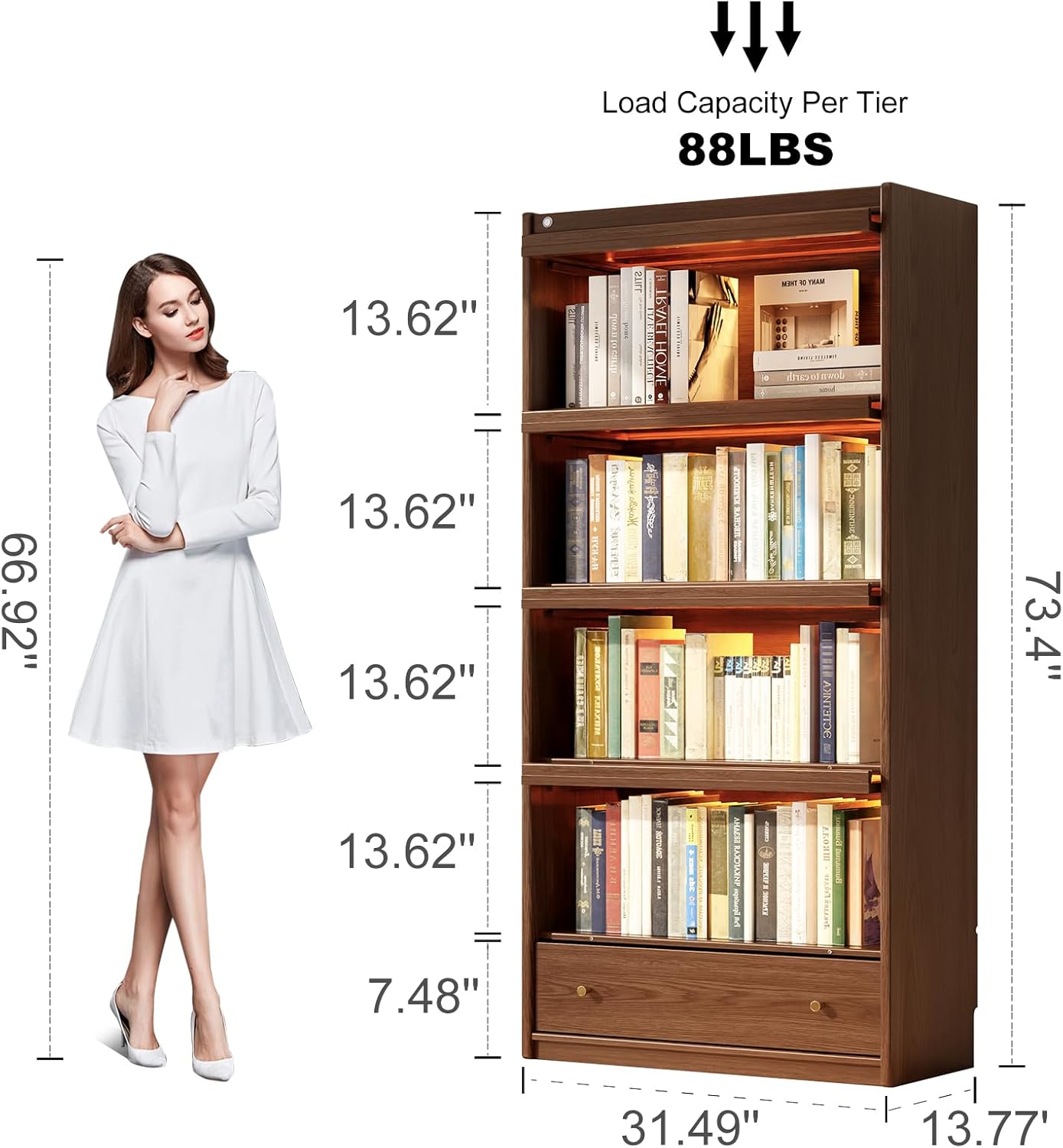 AQIMUELE Solid Wood Bookcase - 5-Tier Book case with 3 Color LED, 73.5