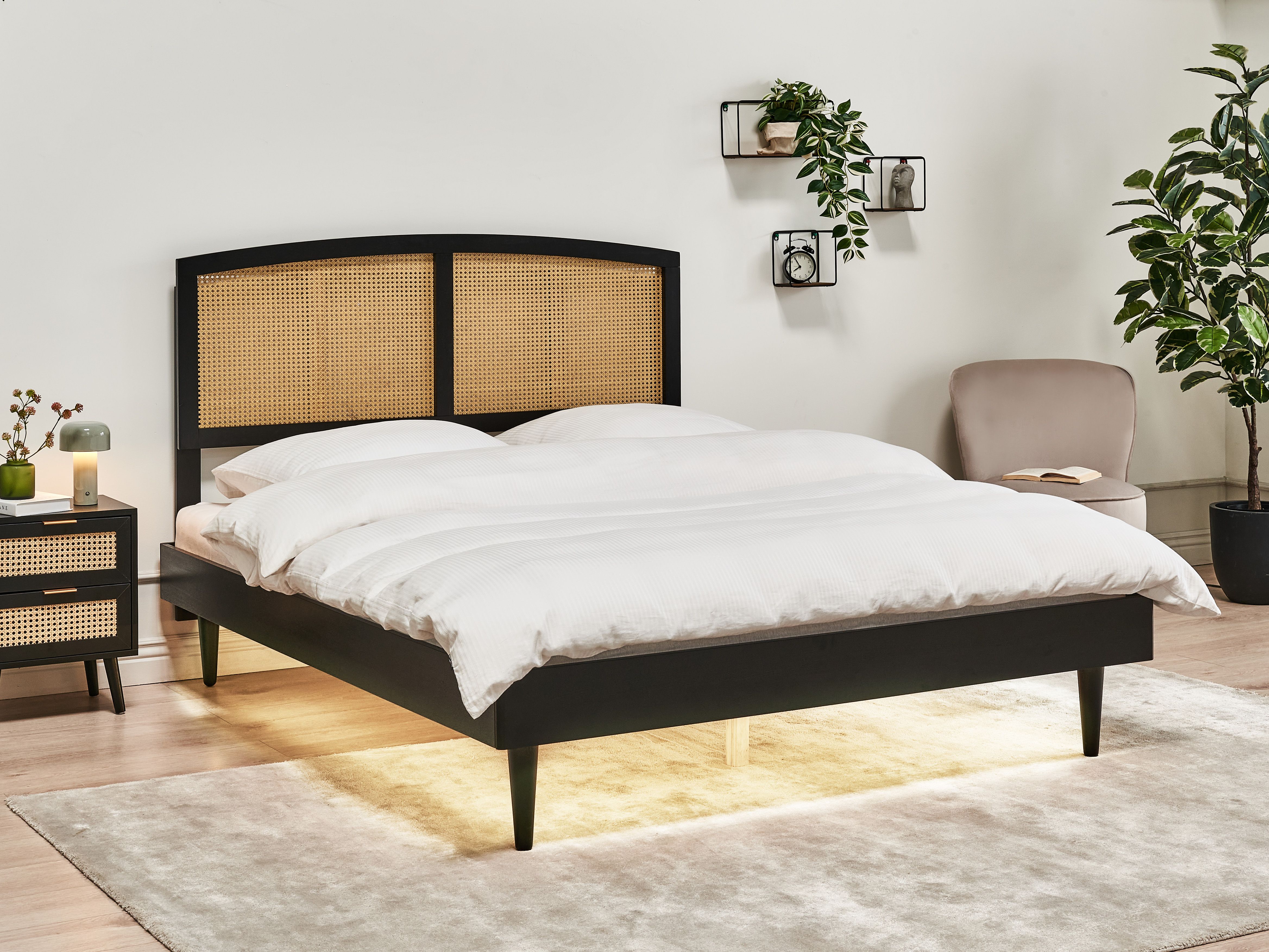 Bed with LED Rattan VARZY 160 x 200 cm (EU King Size) Black