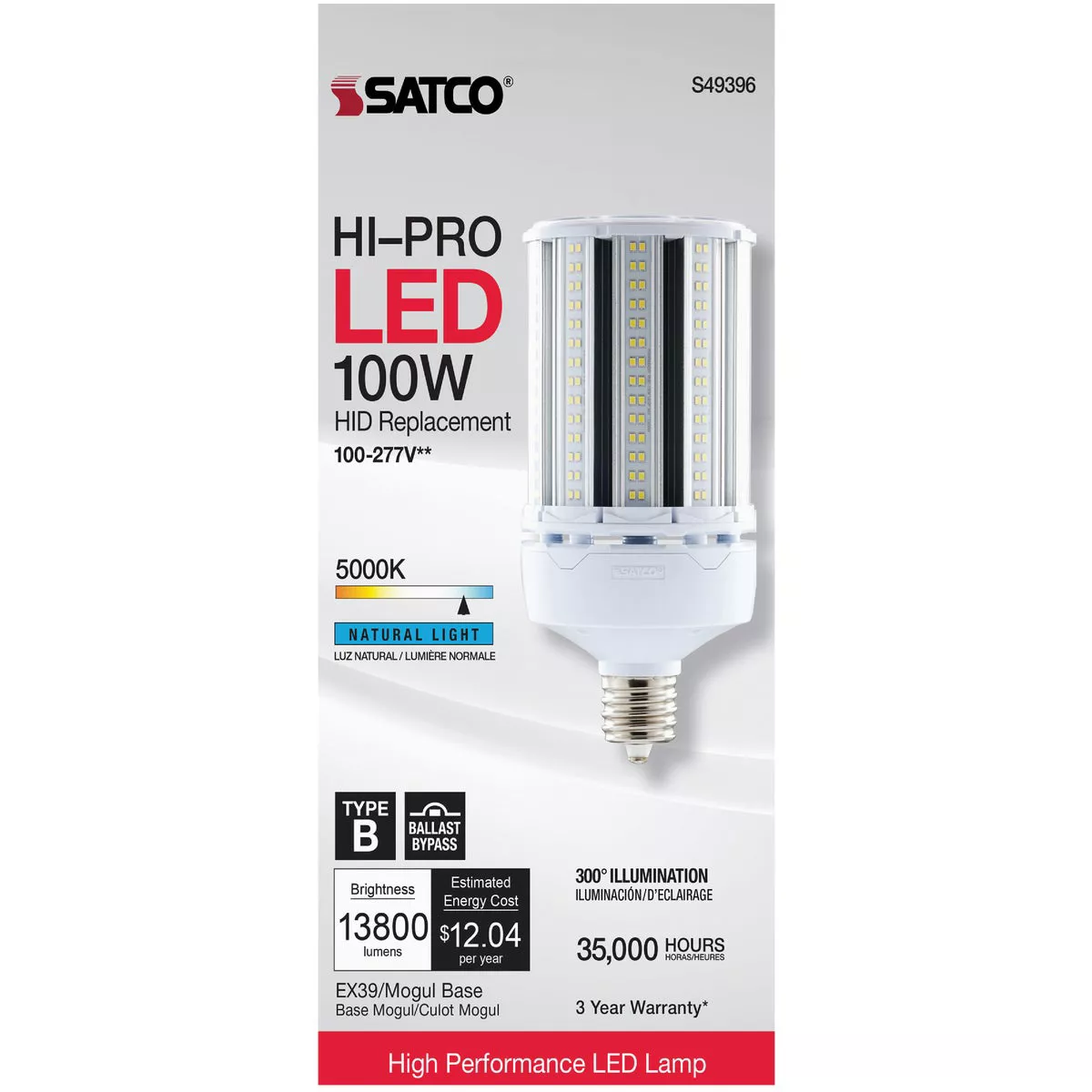 Satco Hi-Pro 400W HID Equivalent Clear Corn Cob Mogul Extended Base LED High-Intensity Light Bulb with Safety Chain