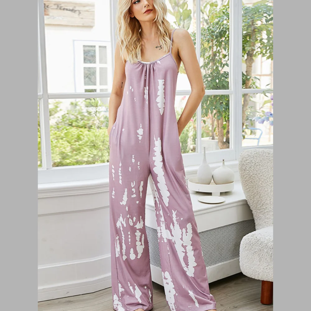 Shiny Tie-Dye Spaghetti Strap Jumpsuit with Pockets - ZKZOOK