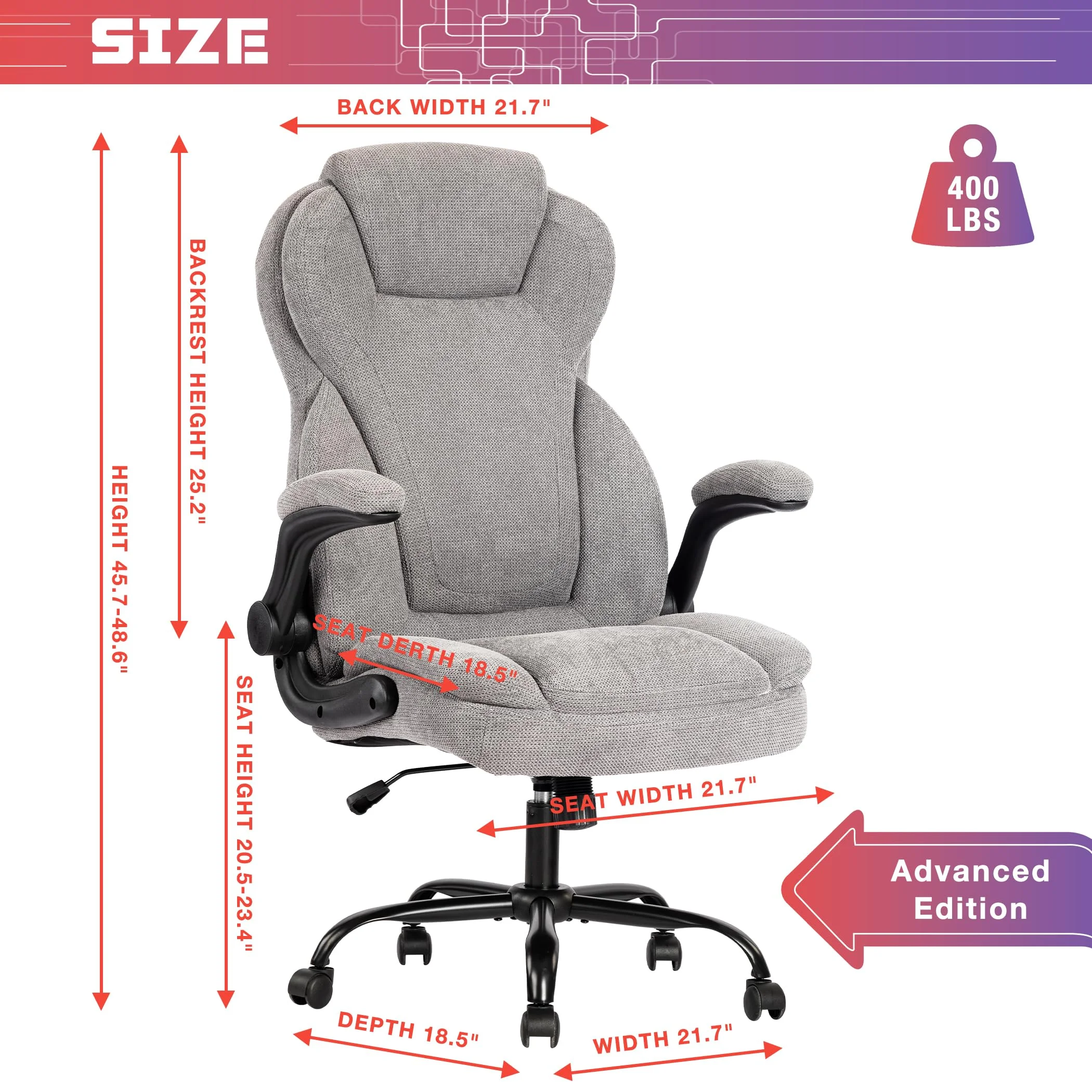 JONPONY Big and Tall Office Chair 400lbs Capacity, Ergonomic Leather High Back Executive Desk Chair with Tilt, Rock & Tension Adjustment, Extra Wide Seat, Padded Armrests