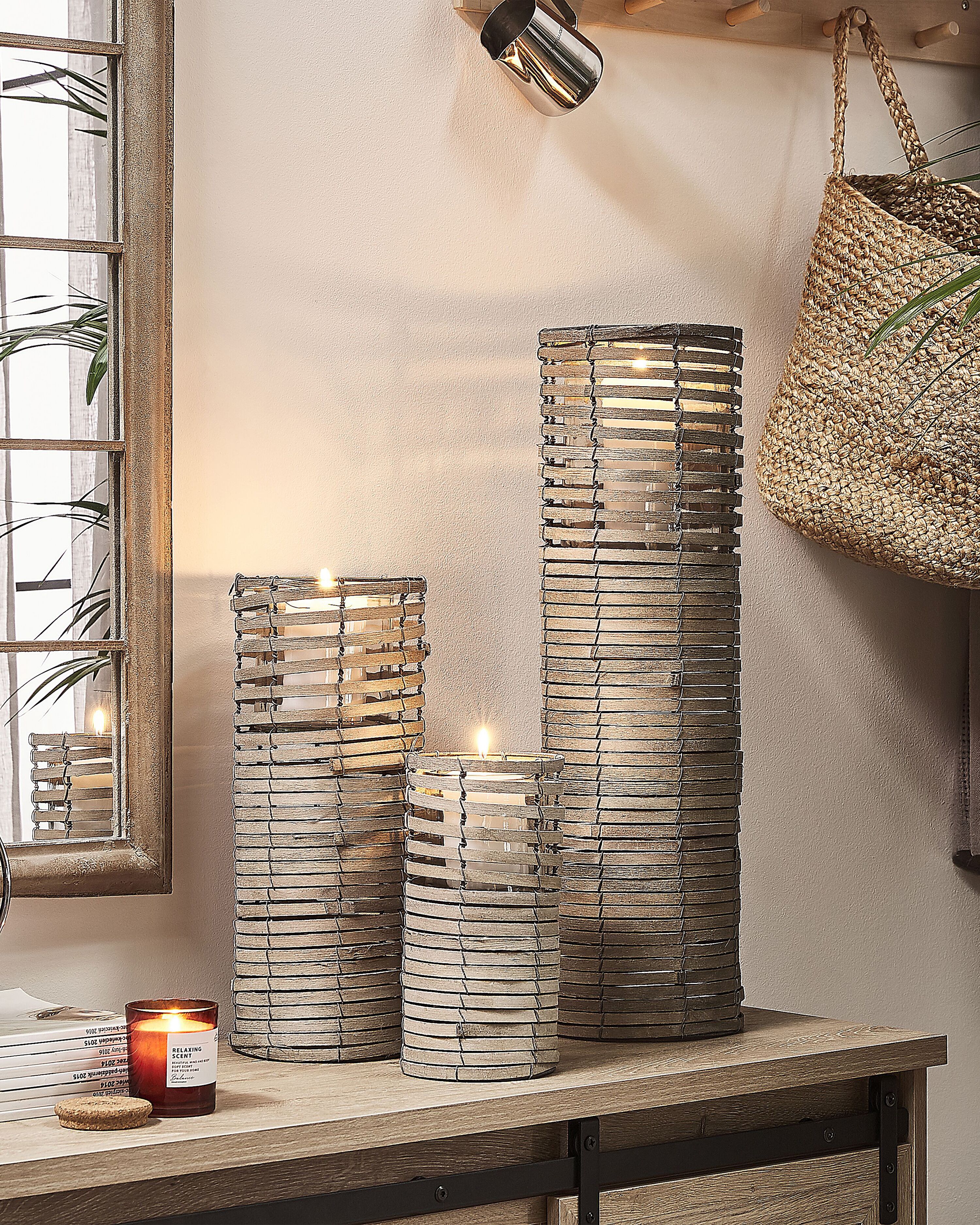 Set of 3 Candle Holders ROVARE Poplar Wood 60/39/25 cm Grey